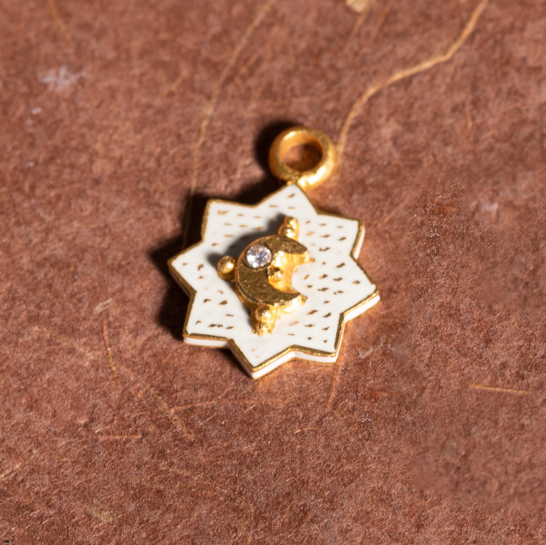 Brilliant Cut 22k Gold Handmade White Enamel Star Moon Reversible Pendant Necklace by Agaro For Sale