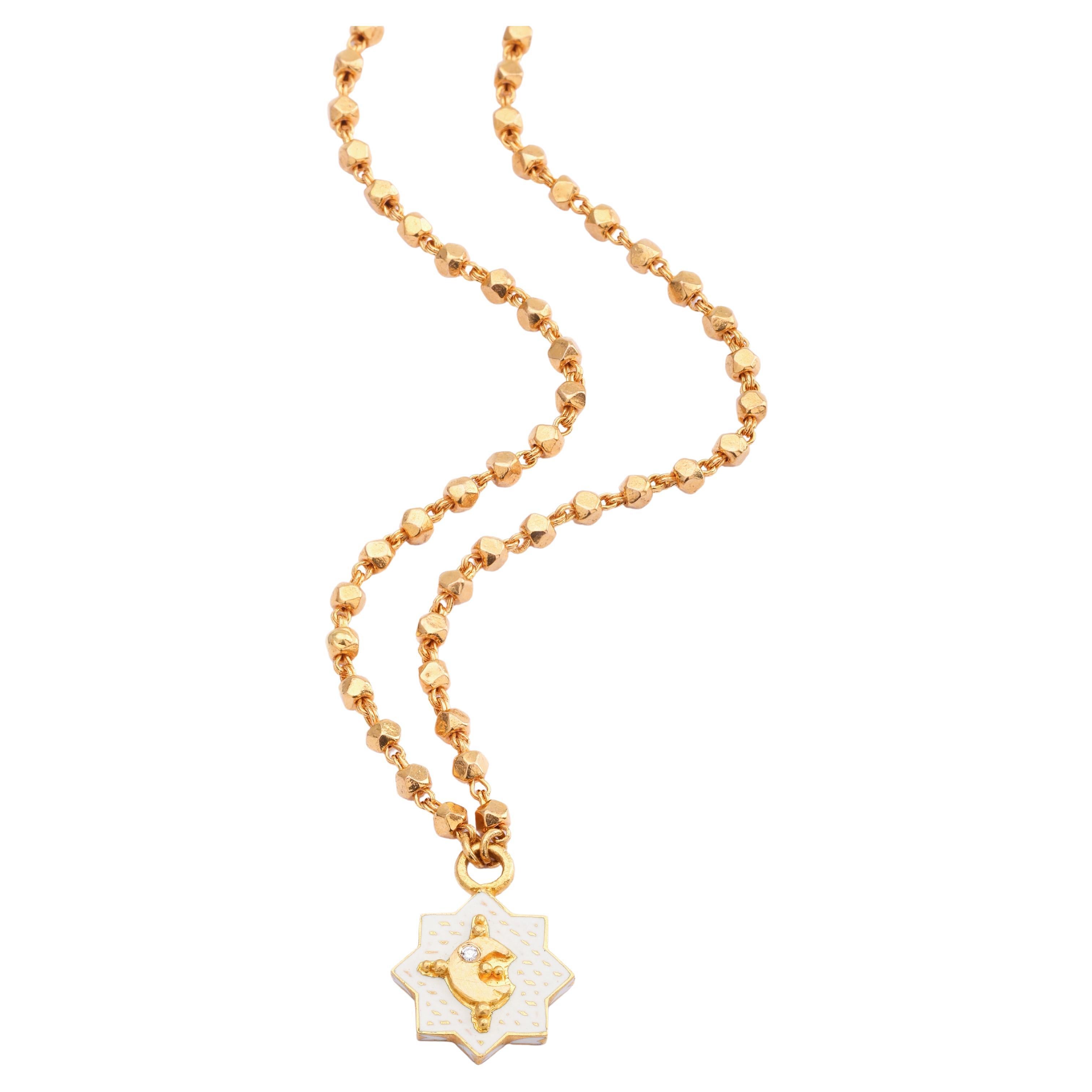 22k Gold Handmade White Enamel Star Moon Reversible Pendant Necklace by Agaro