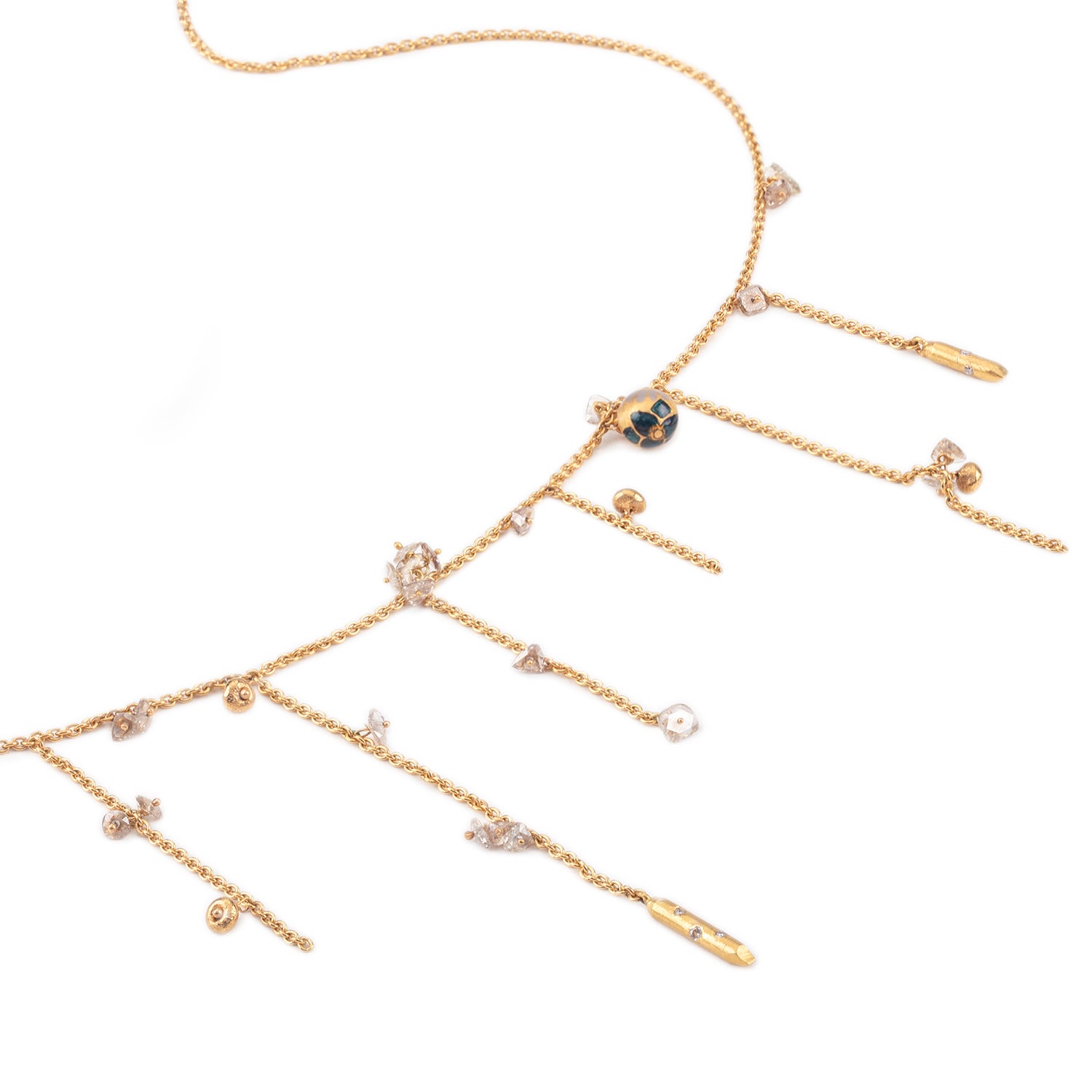 22K Gold Handmade Rose Cut Diamond and Enamel Ball Fringe Necklace by Agaro For Sale