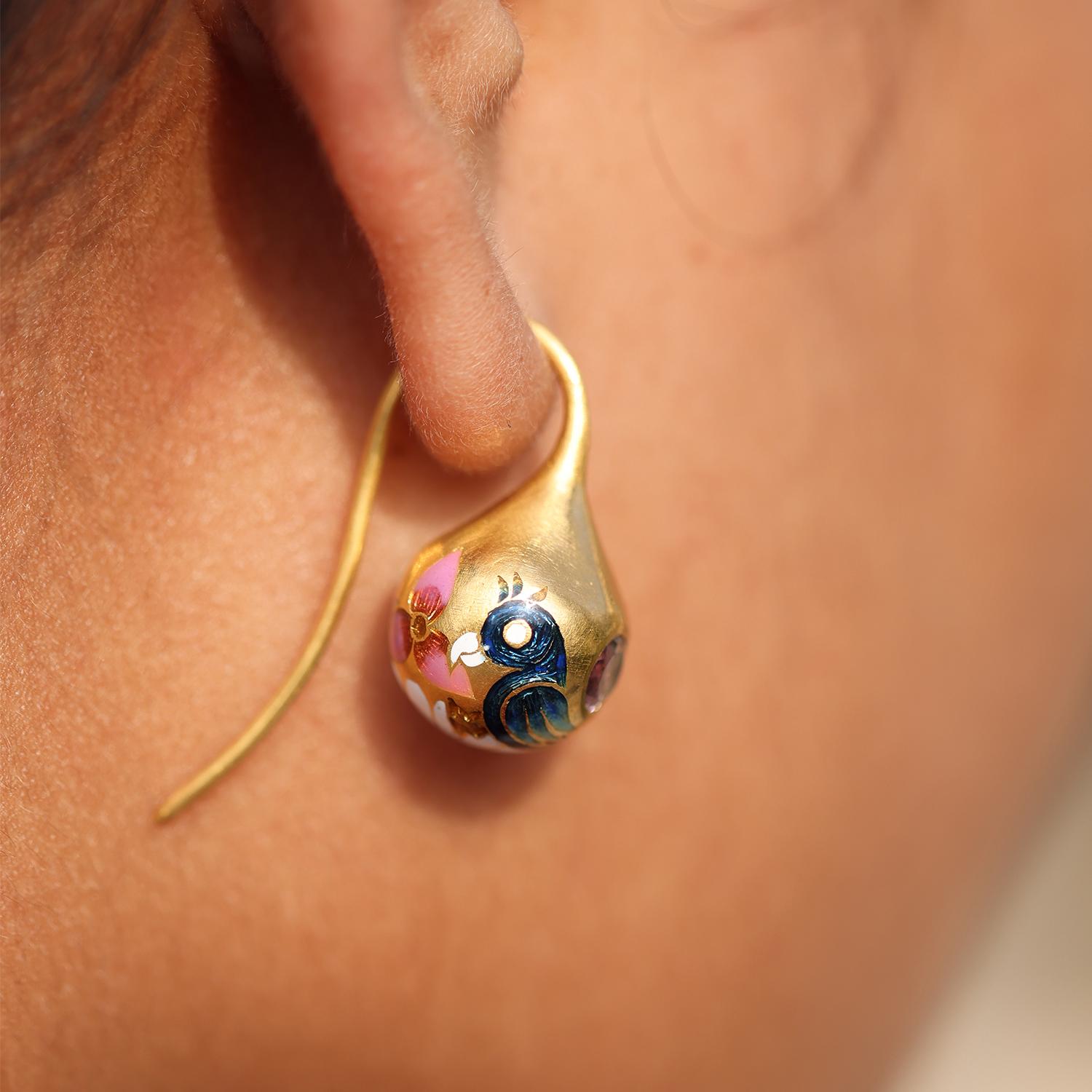 Artisan 22k Gold Handmade Pink Tourmaline Parrot Enamel Mismatch Drop Earrings by Agaro For Sale