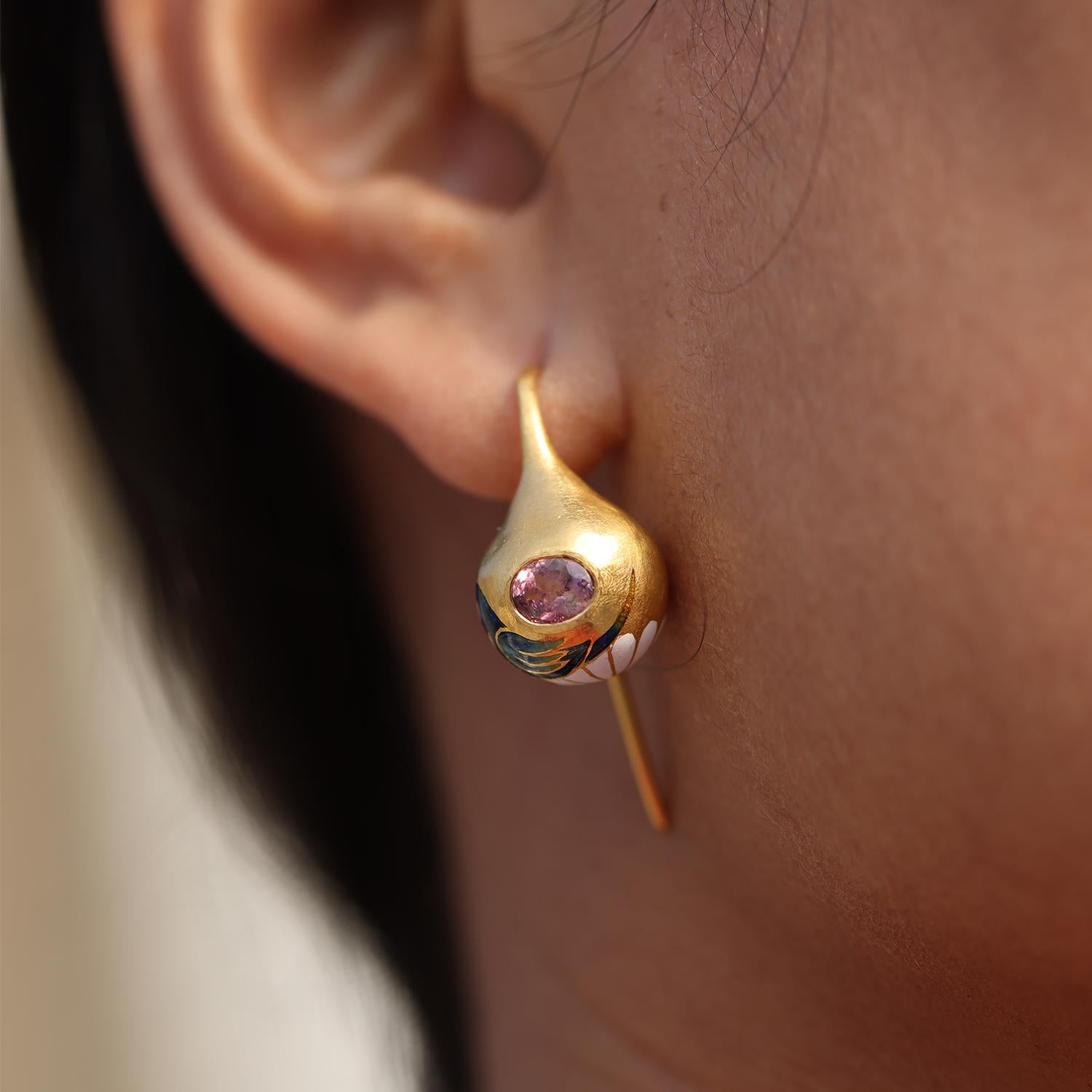 Brilliant Cut 22k Gold Handmade Pink Tourmaline Parrot Enamel Mismatch Drop Earrings by Agaro For Sale