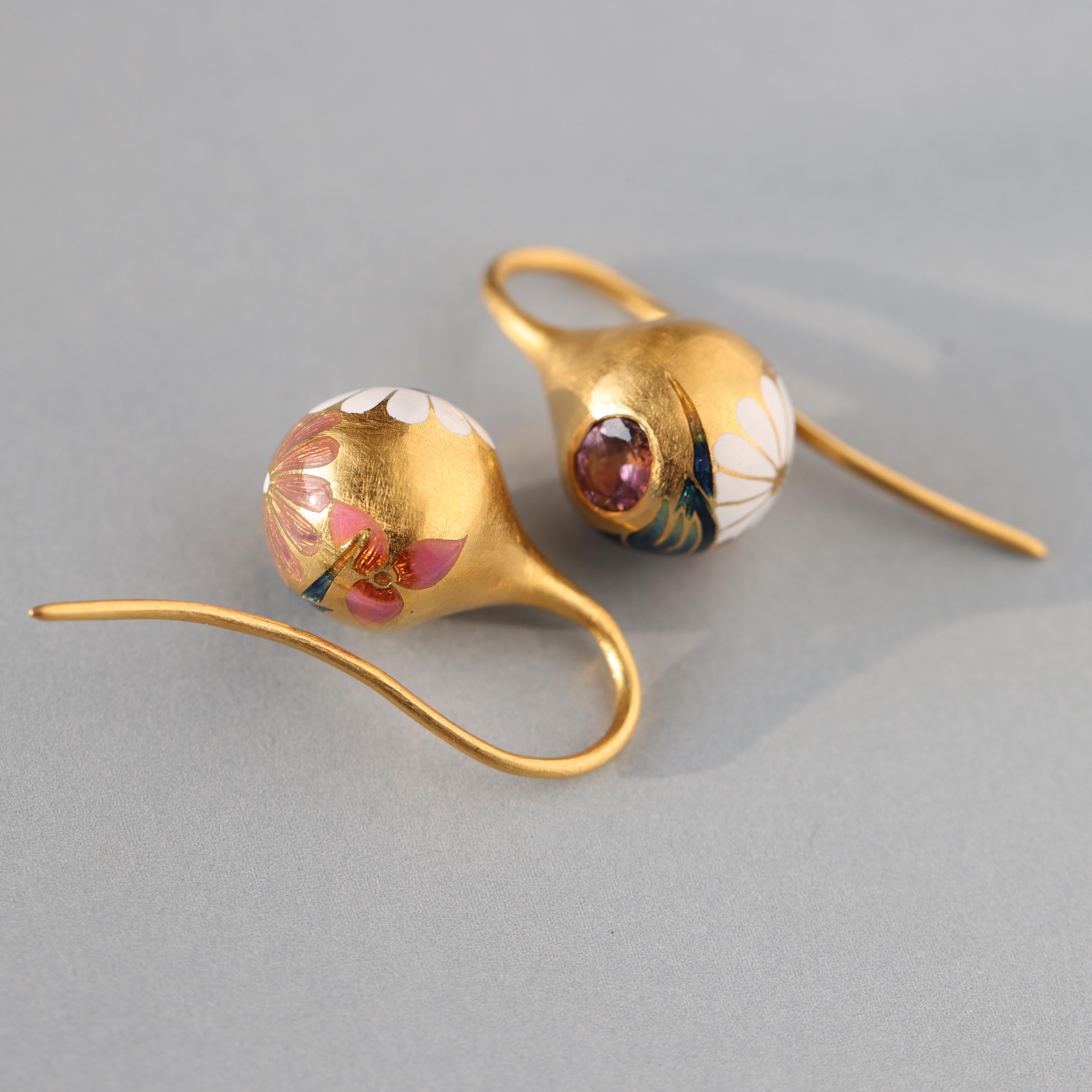 Women's or Men's 22k Gold Handmade Pink Tourmaline Parrot Enamel Mismatch Drop Earrings by Agaro For Sale