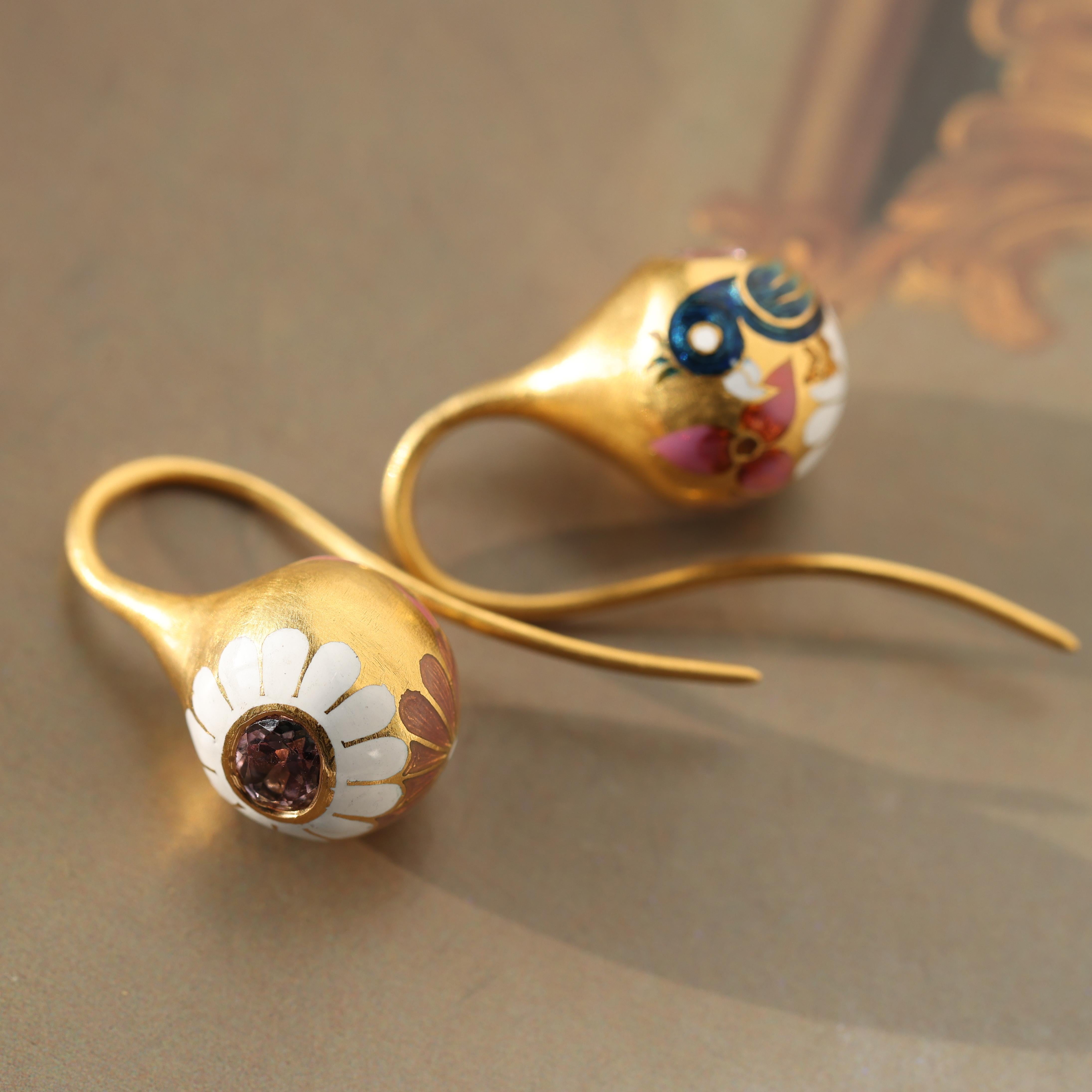 22k Gold Handmade Pink Tourmaline Parrot Enamel Mismatch Drop Earrings by Agaro For Sale 2