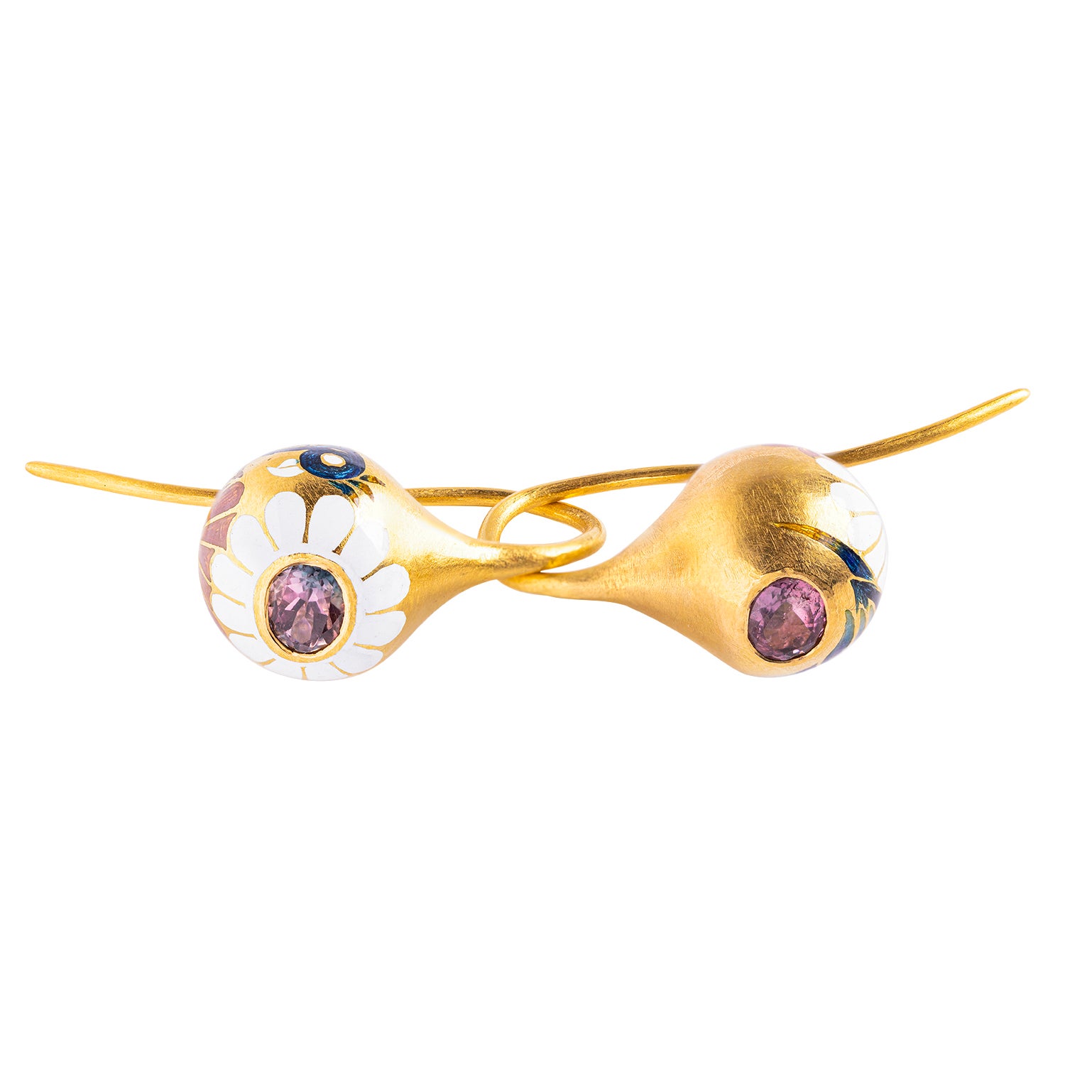 22k Gold Handmade Pink Tourmaline Parrot Enamel Mismatch Drop Earrings by Agaro For Sale
