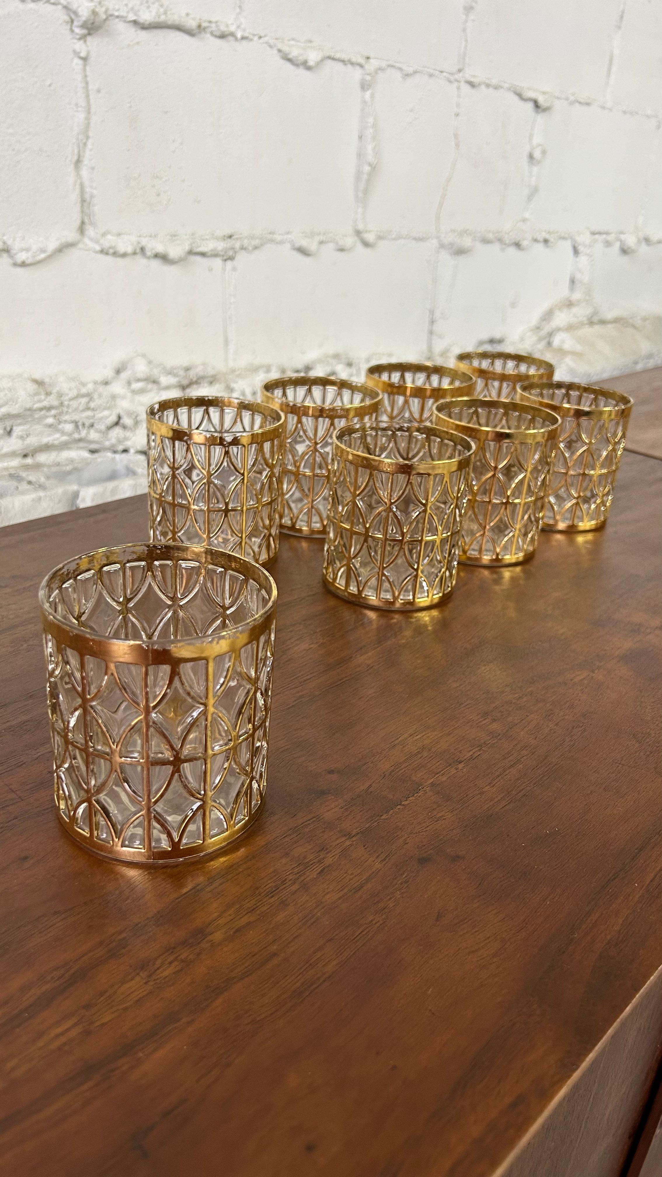 22k Gold Imperial Shoji Glassware Barware set of 16 1960s Hollywood Regency For Sale 9