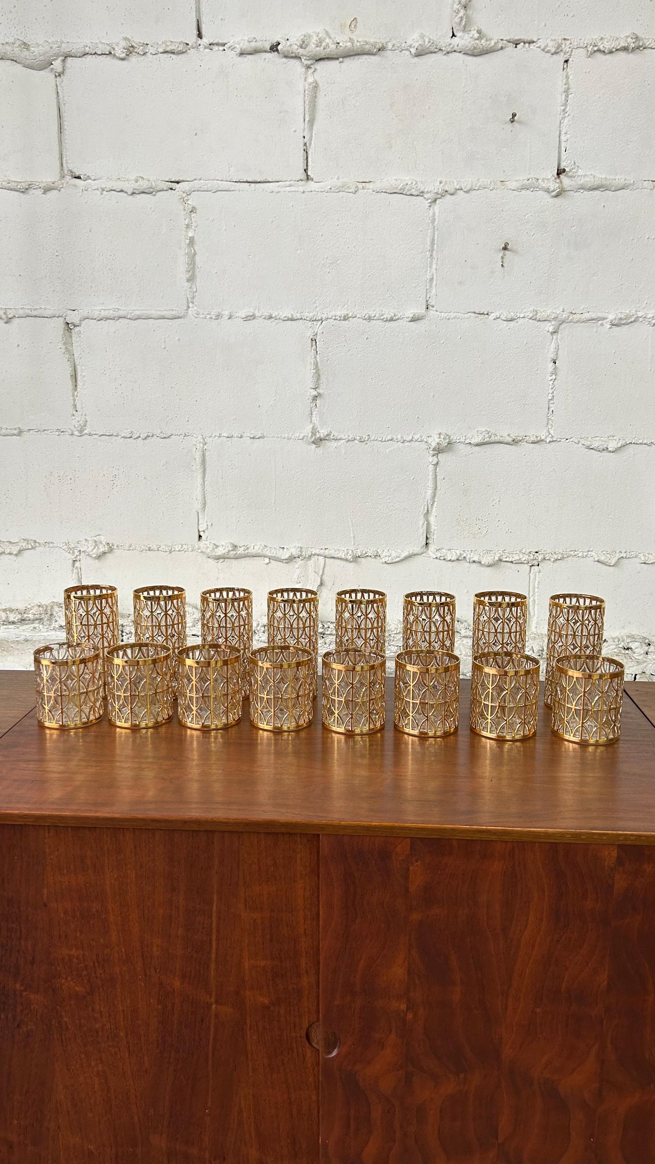 Hand-Painted 22k Gold Imperial Shoji Glassware Barware set of 16 1960s Hollywood Regency For Sale