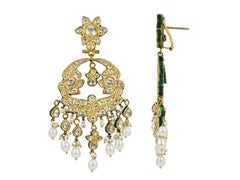 22K Gold india inspired Chandbali earrings with Meena, Diamond Polki and pearls
