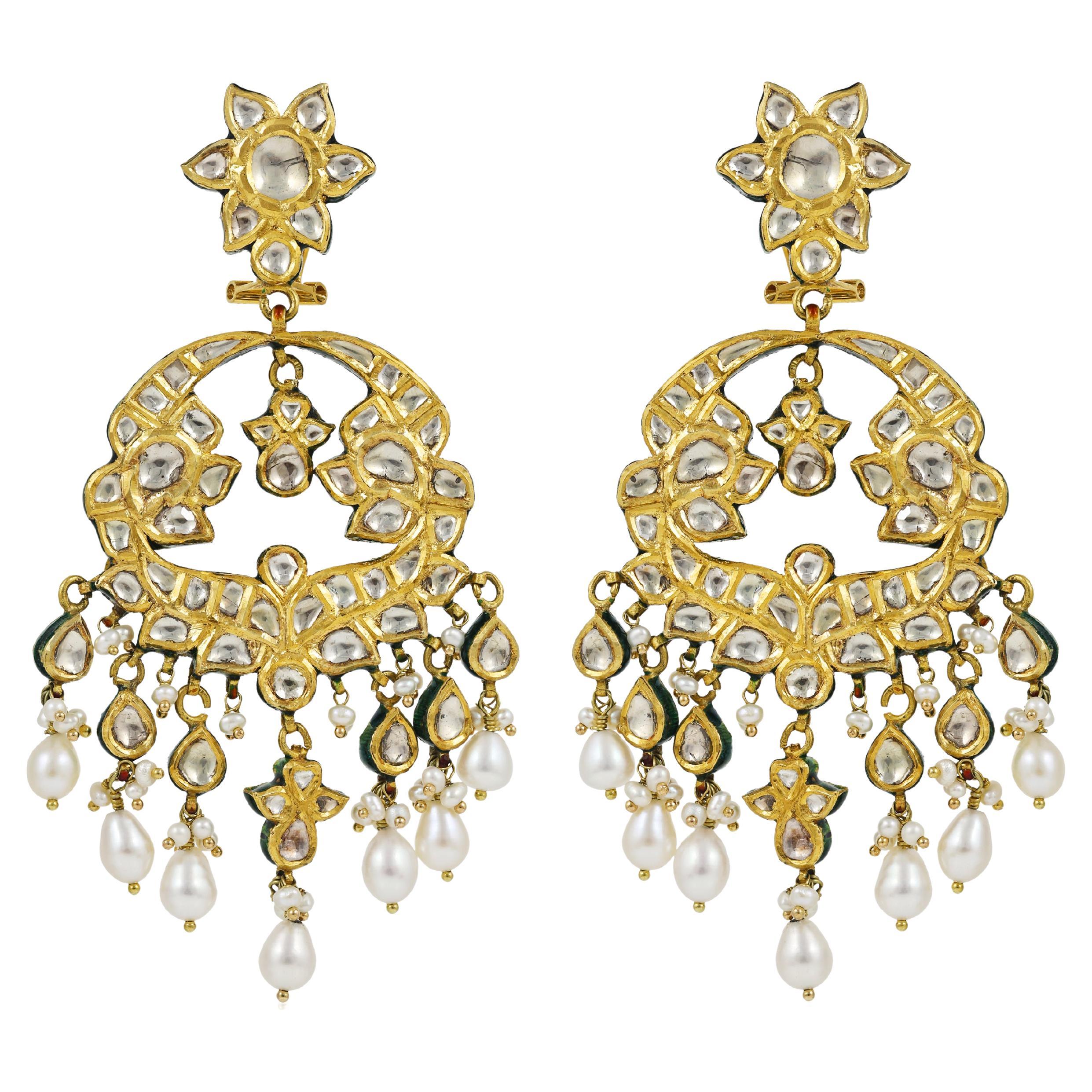22K Gold india inspired Chandbali earrings with Meena, Diamond Polki and pearls