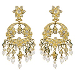 22K Gold india inspired Chandbali earrings with Meena, Diamond Polki and pearls