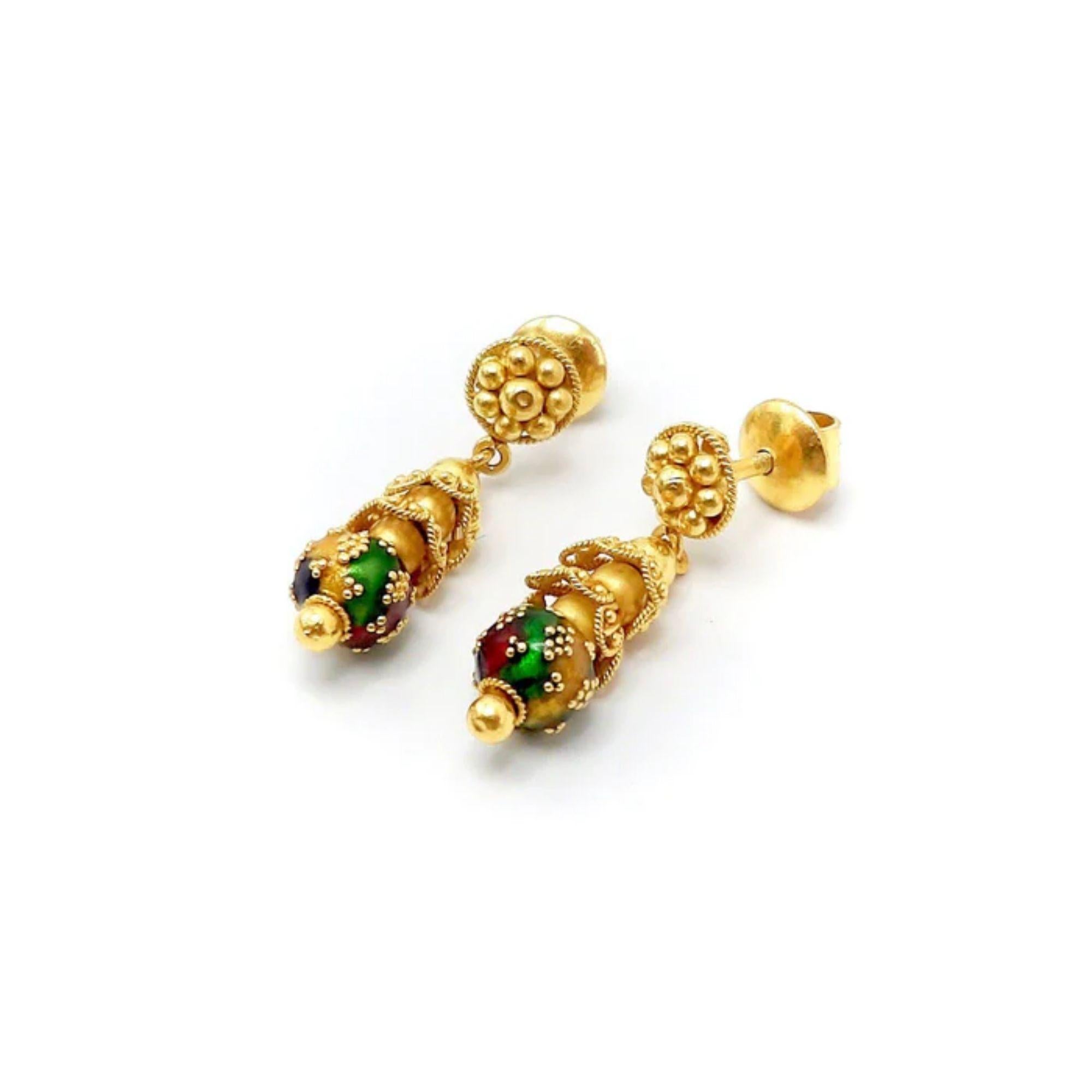 Pendientes Colgantes Cannetille de Oro Indio de 22K con Esmalte Multicolor Artesano en venta