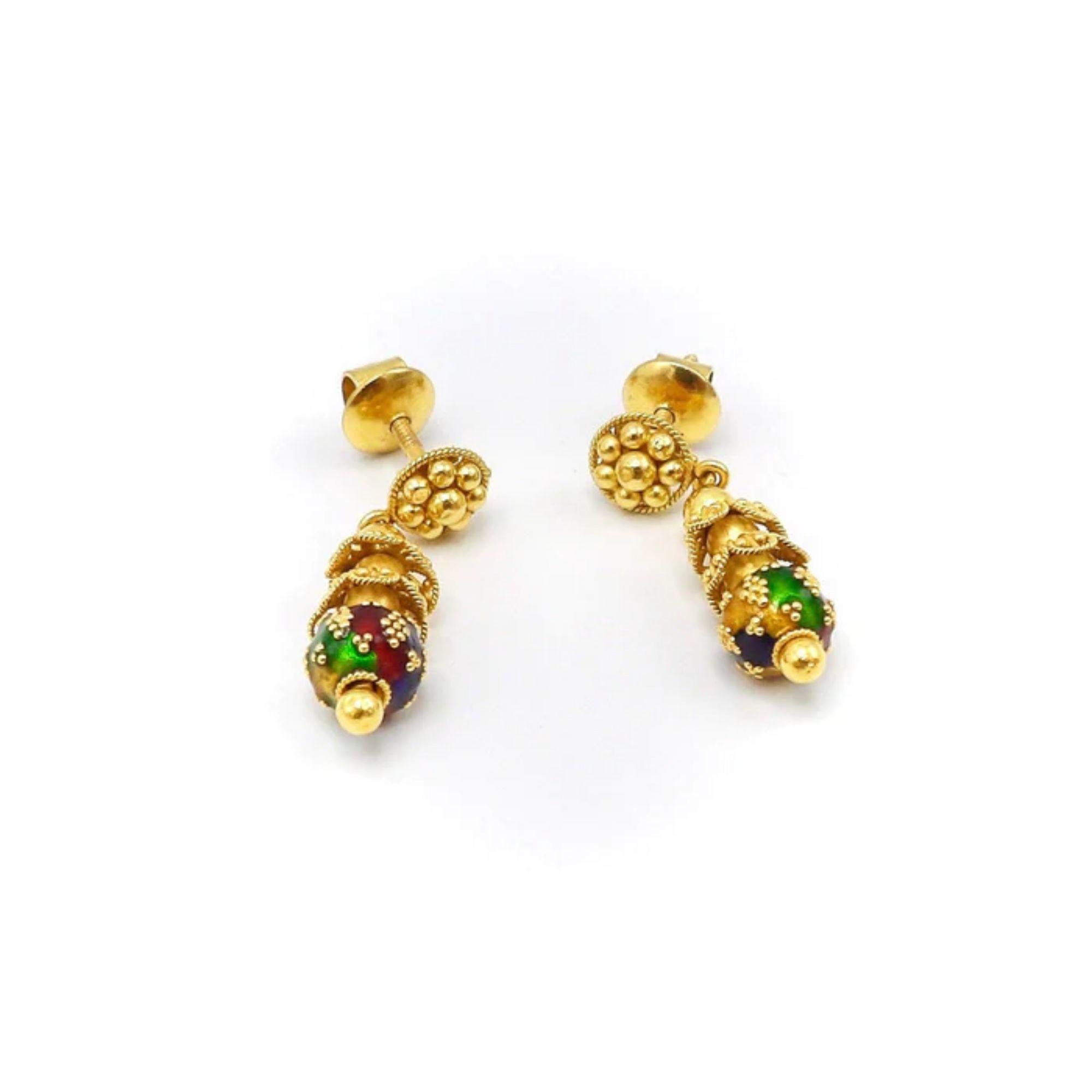 Pendientes Colgantes Cannetille de Oro Indio de 22K con Esmalte Multicolor en Bueno estado para la venta en Venice, CA