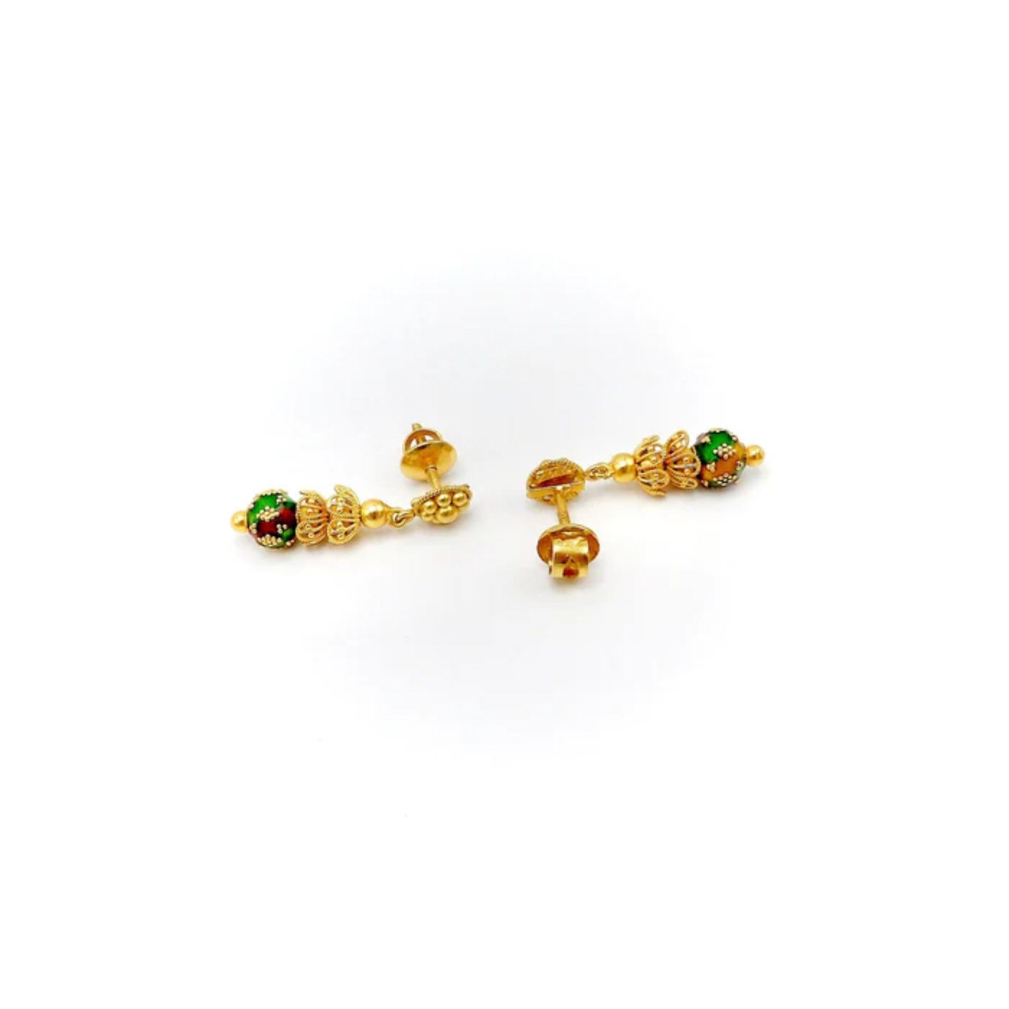 De las mujeres Pendientes Colgantes Cannetille de Oro Indio de 22K con Esmalte Multicolor en venta