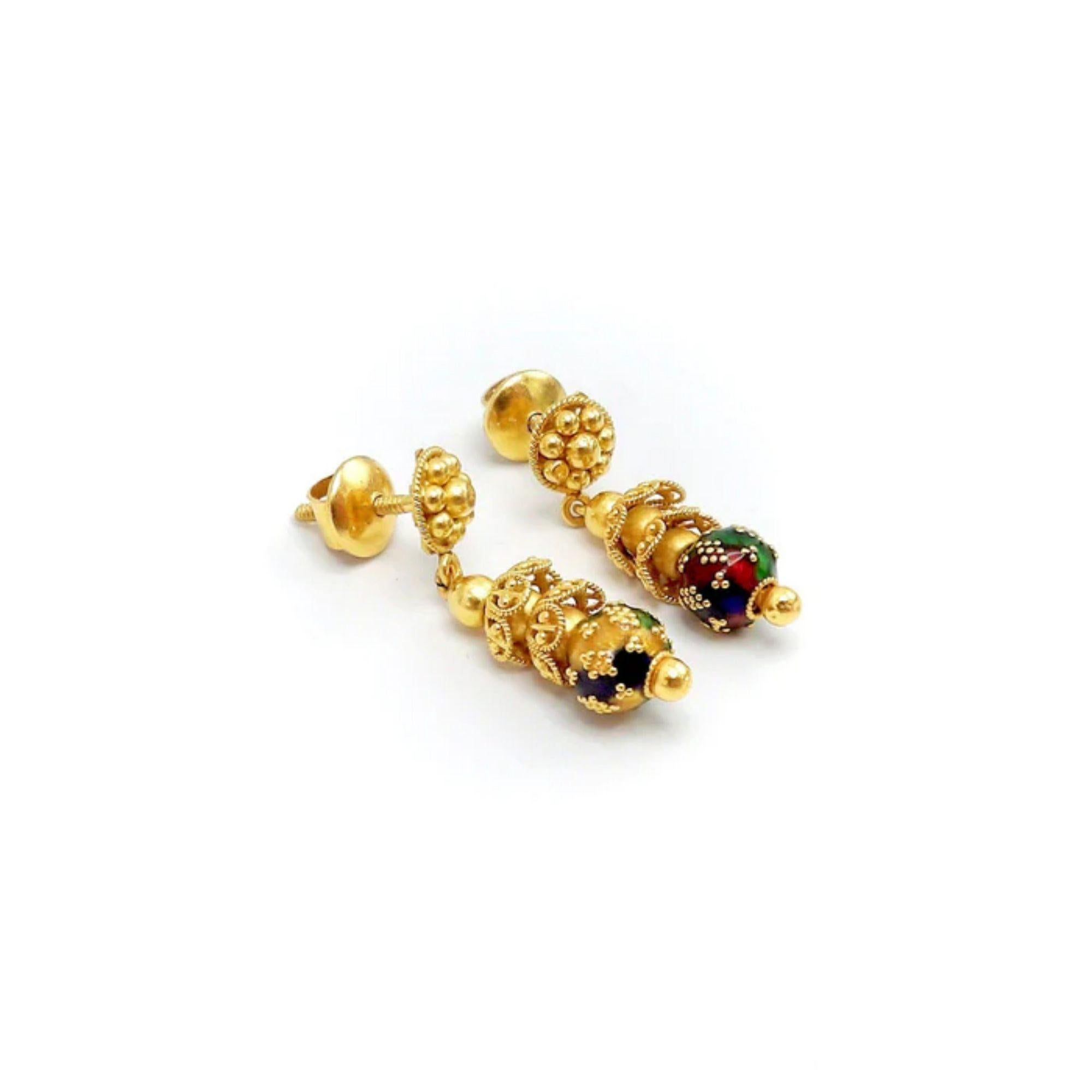 Pendientes Colgantes Cannetille de Oro Indio de 22K con Esmalte Multicolor en venta 1