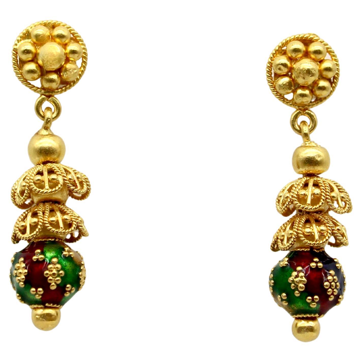 22K Gold indischen Cannetille Ohrringe mit Multi Farbe Emaille baumeln