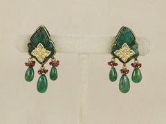 22K gold indian carved Mughal Emerald earrings with diamonds for indian wedding