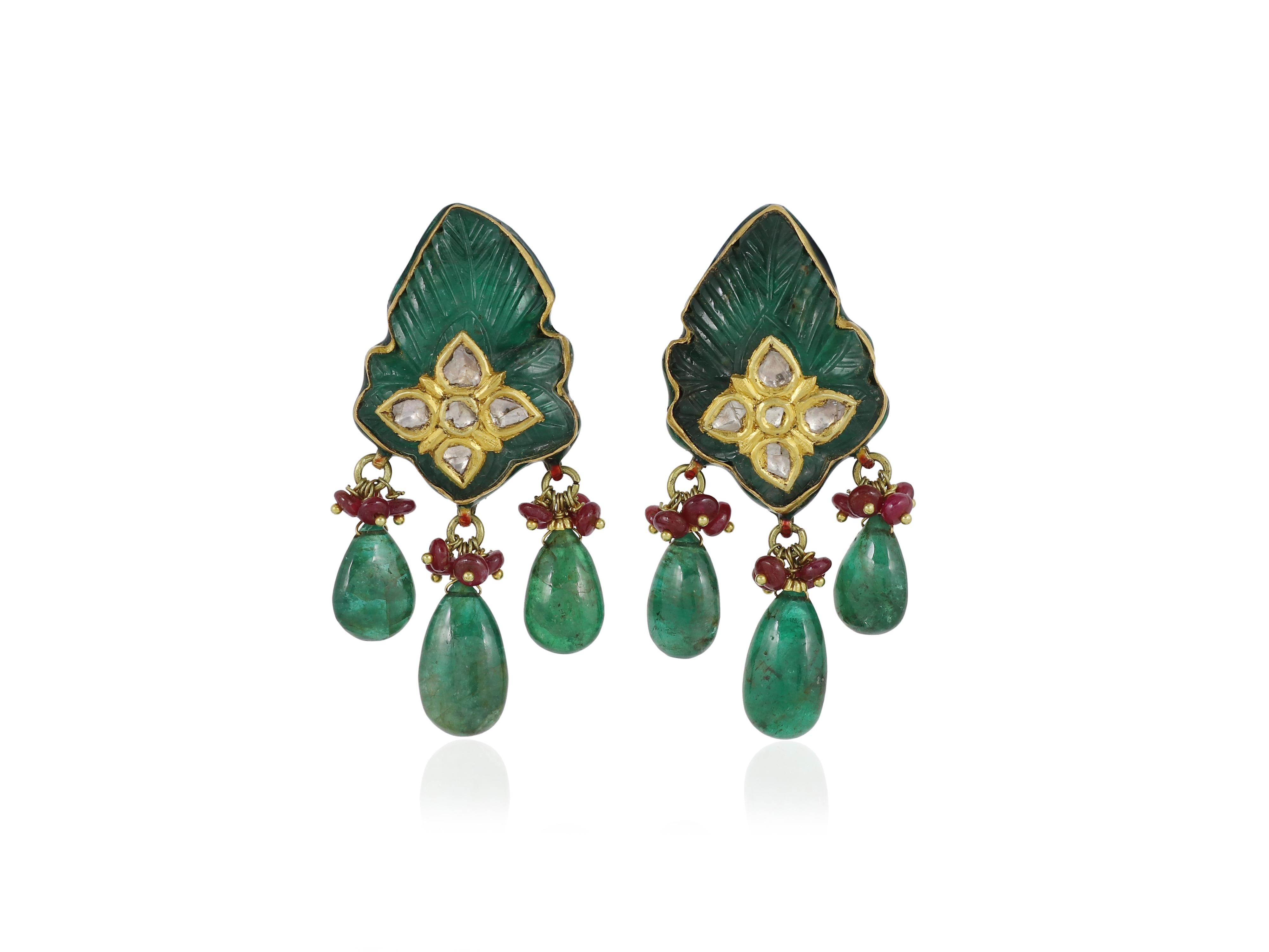 22K gold indian carved Mughal Emerald earrings with diamonds for indian wedding