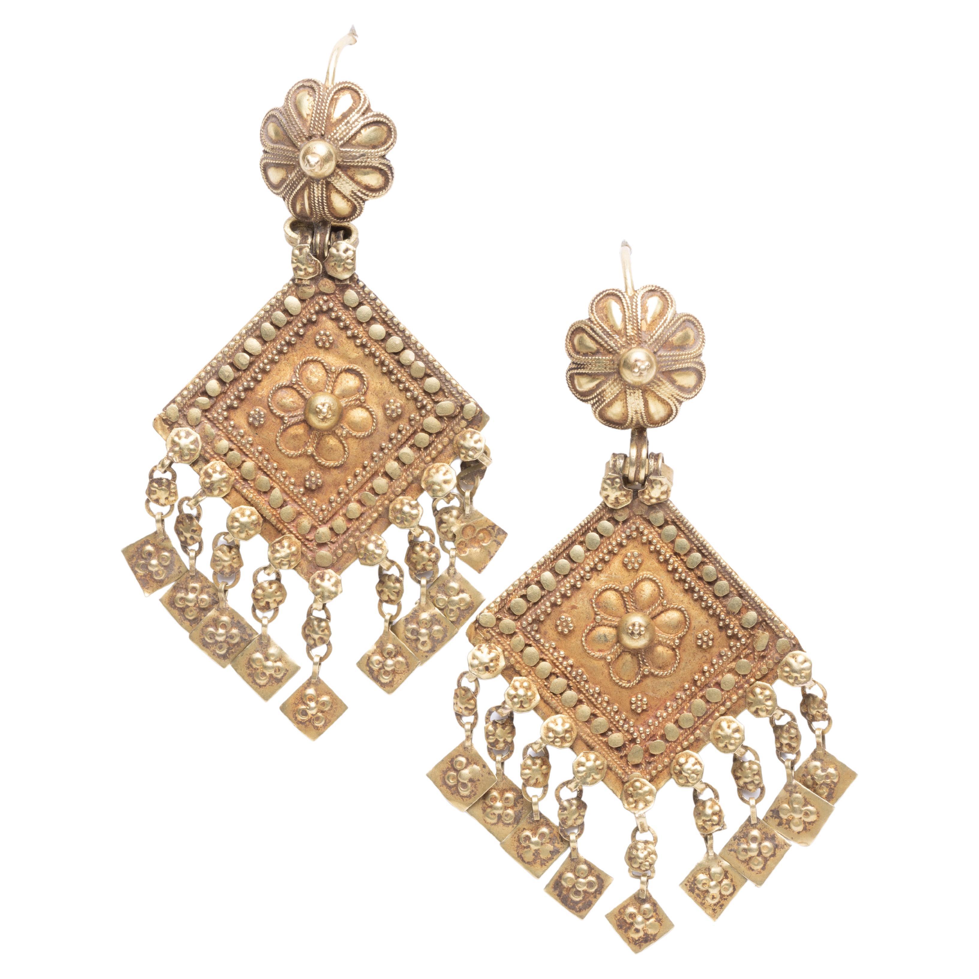 22K Gold Indian Dangle Chandelier Earrings, Early 1900's For Sale