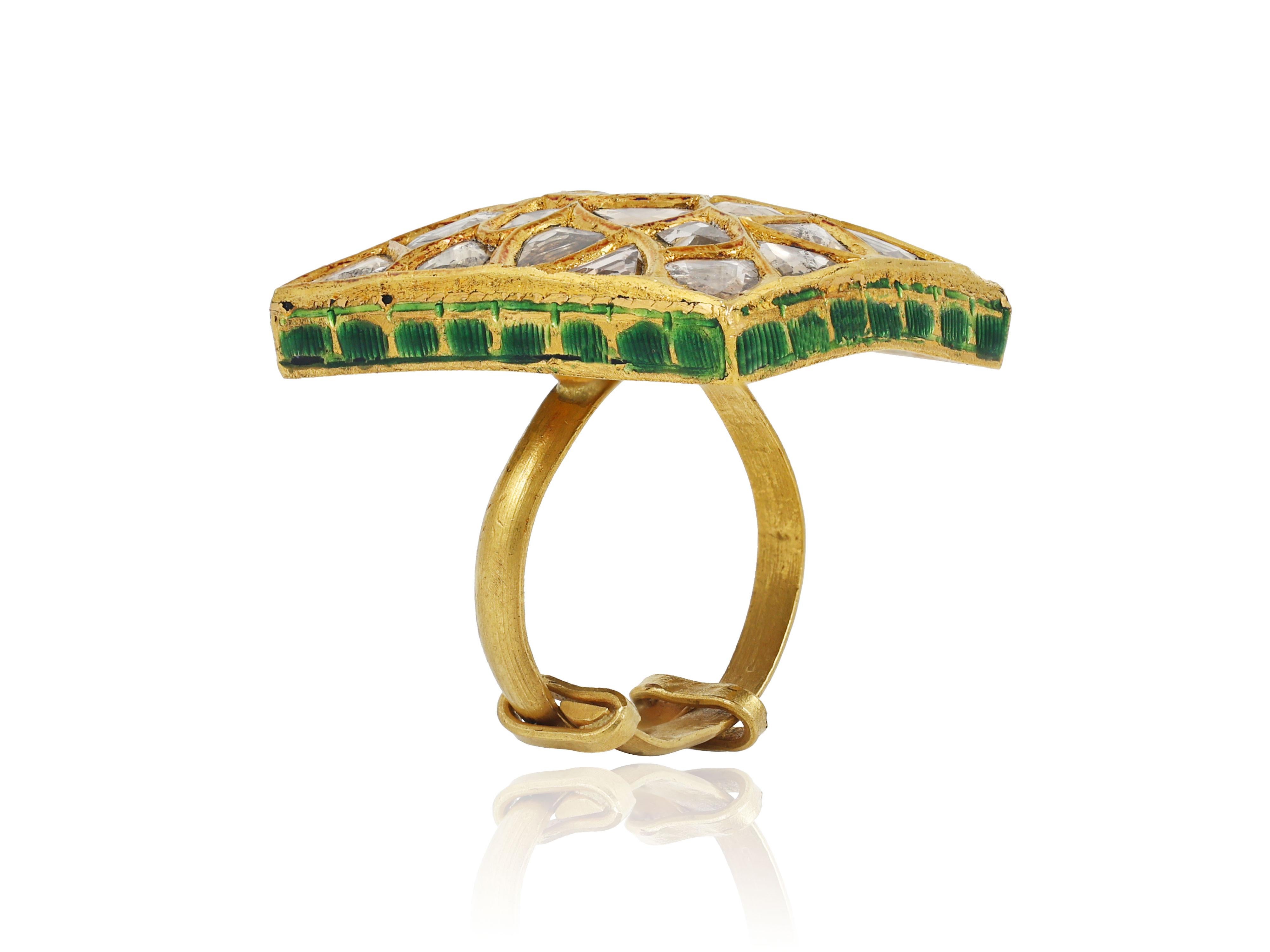 Women's or Men's 22K gold Indian diamond Polki ring with green and red enamel at back For Sale