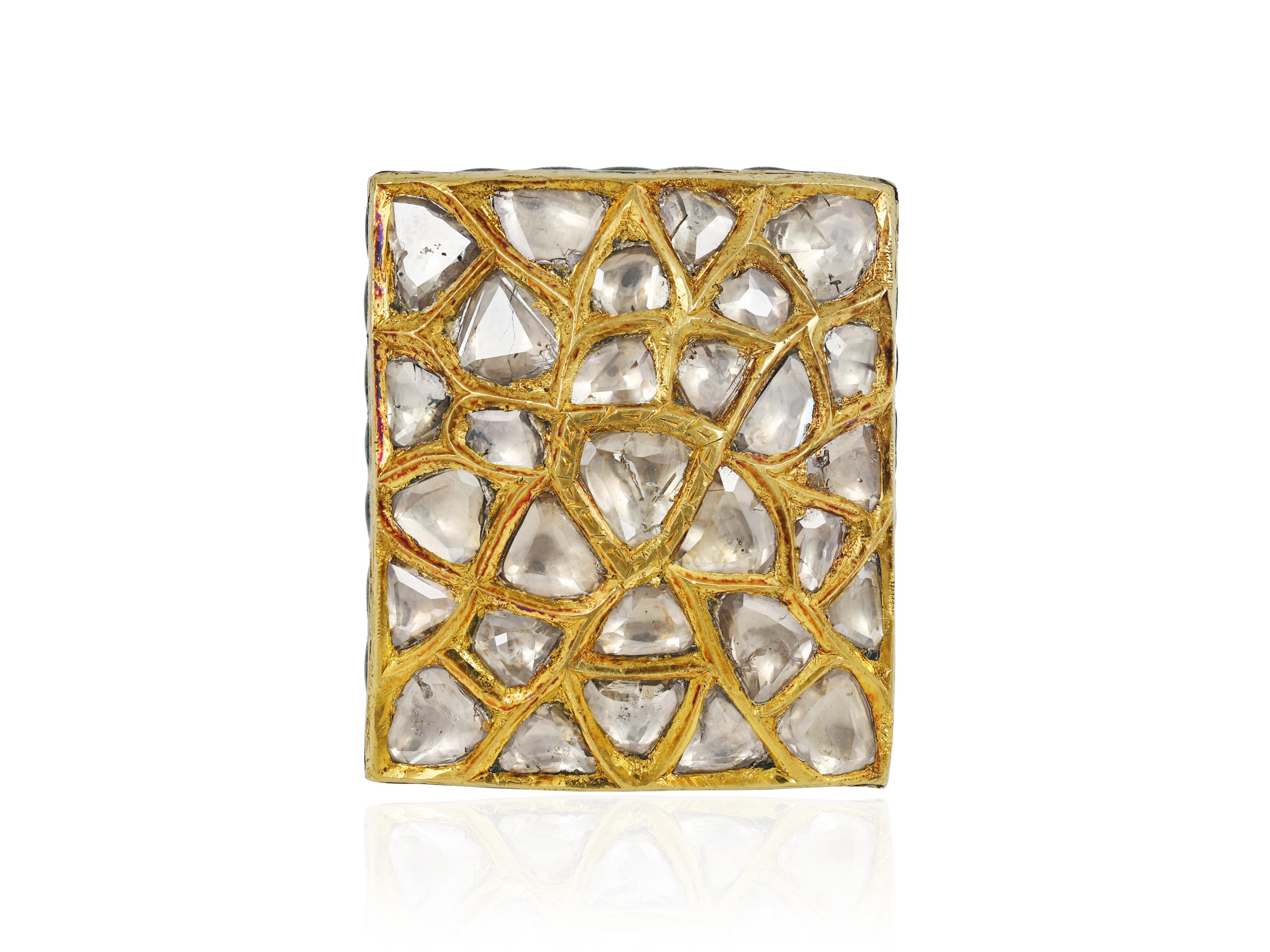 22K gold Indian diamond Polki ring with green and red enamel at back For Sale 1