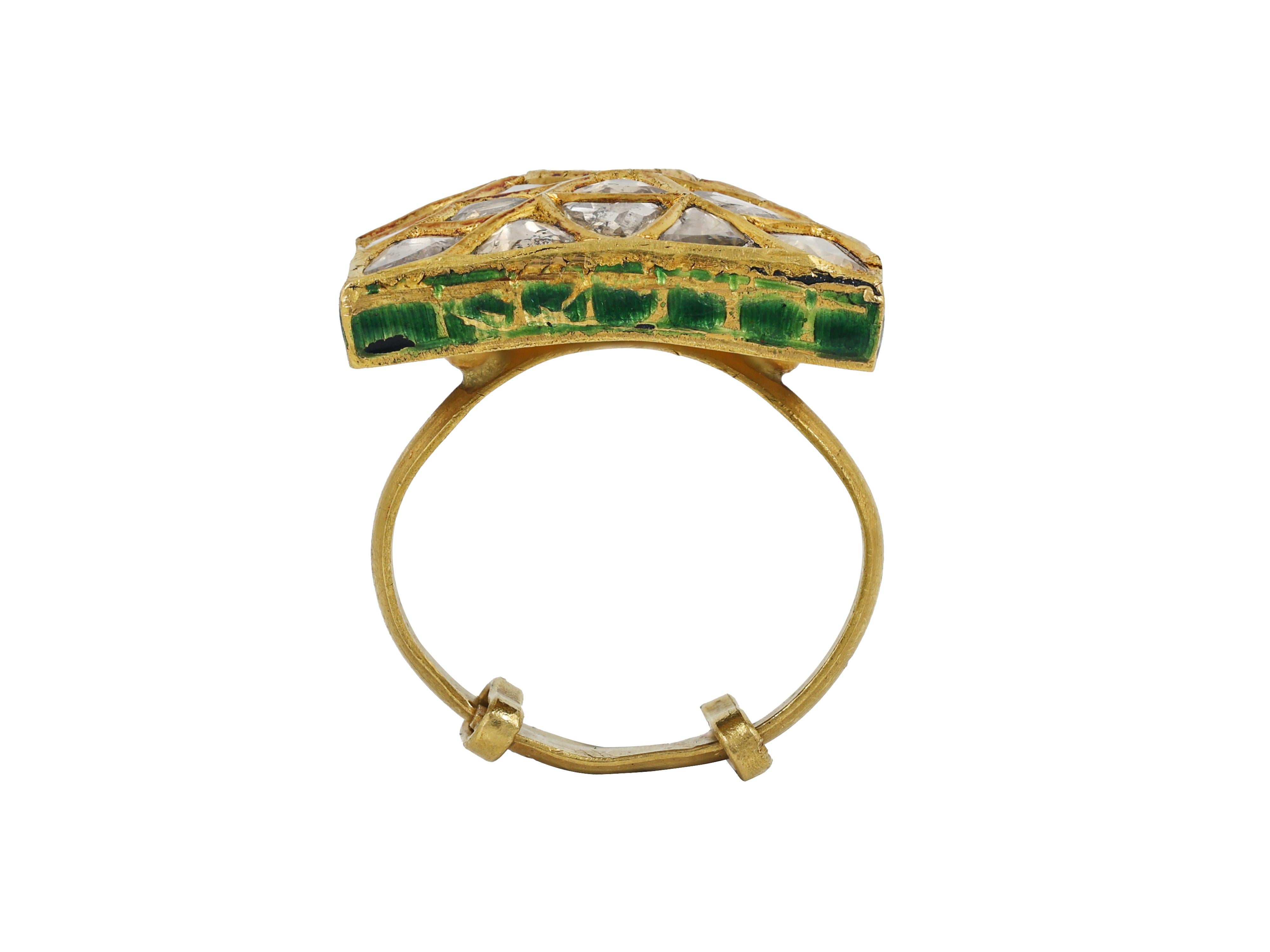 22K gold Indian diamond Polki ring with green and red enamel at back For Sale 2