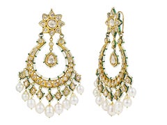 22K gold Indian Mughal Chandbali in Kundan Meena Diamond Polki and pearls