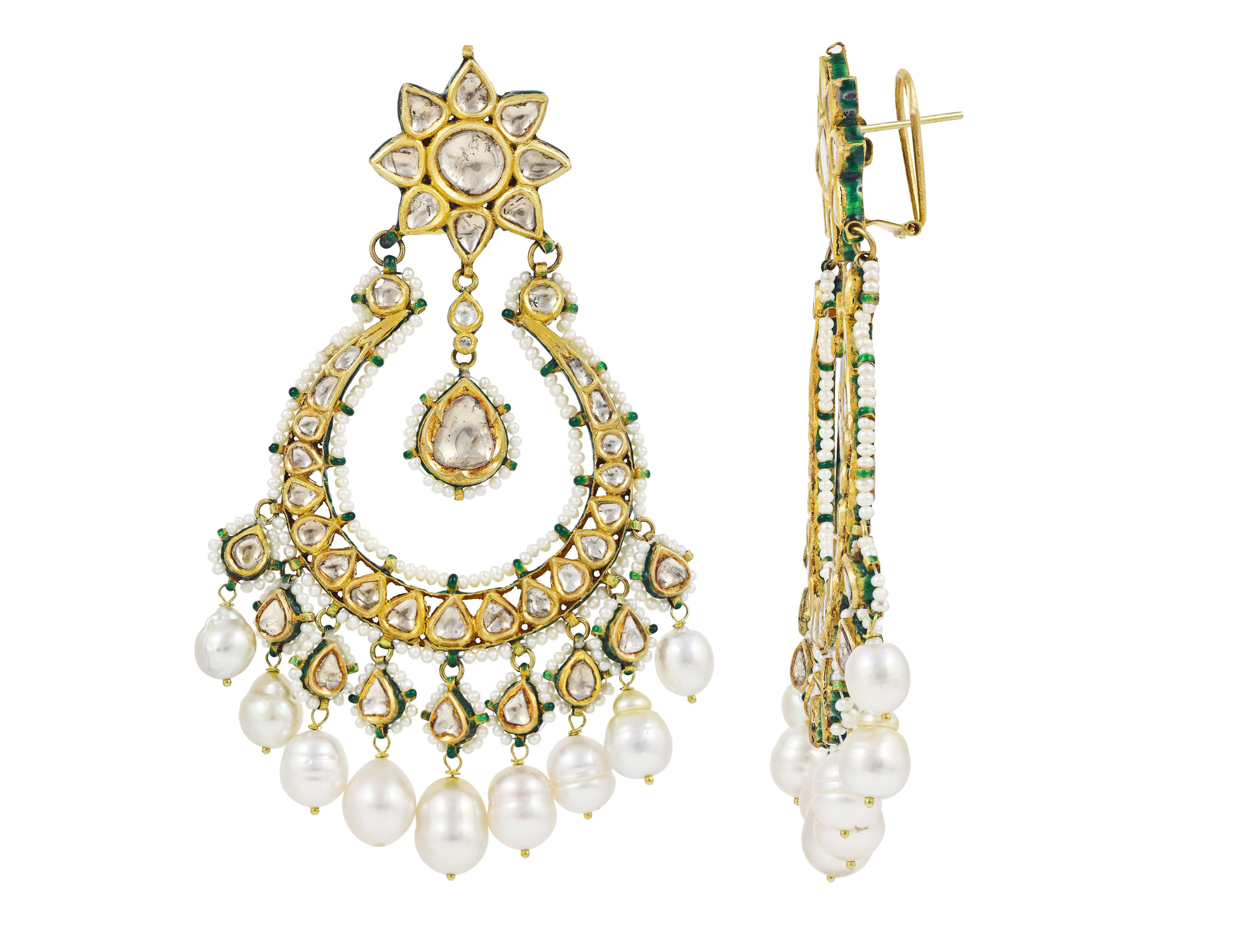 Uncut 22K gold Indian Mughal Chandbali in Kundan Meena Diamond Polki and pearls For Sale
