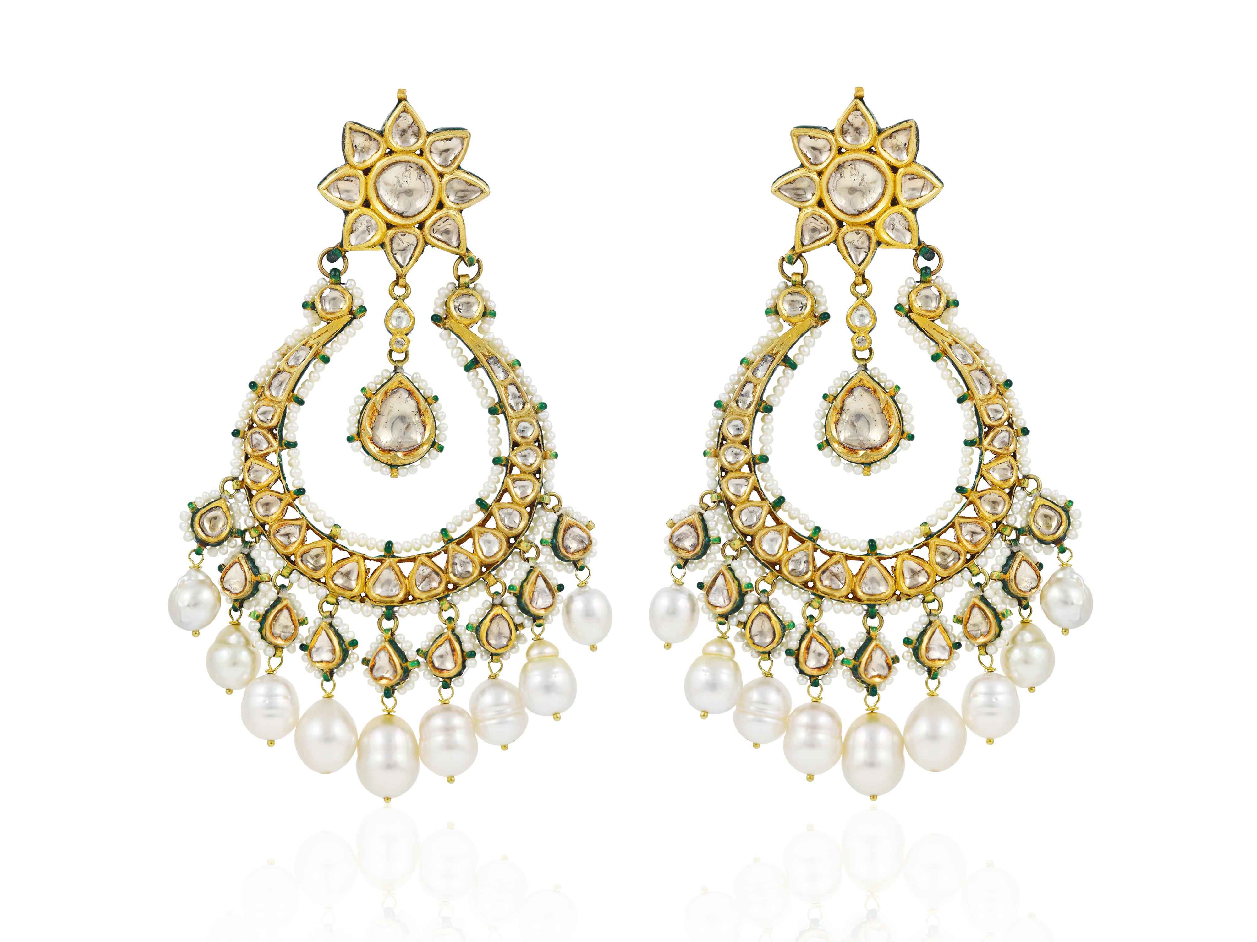 Women's 22K gold Indian Mughal Chandbali in Kundan Meena Diamond Polki and pearls For Sale