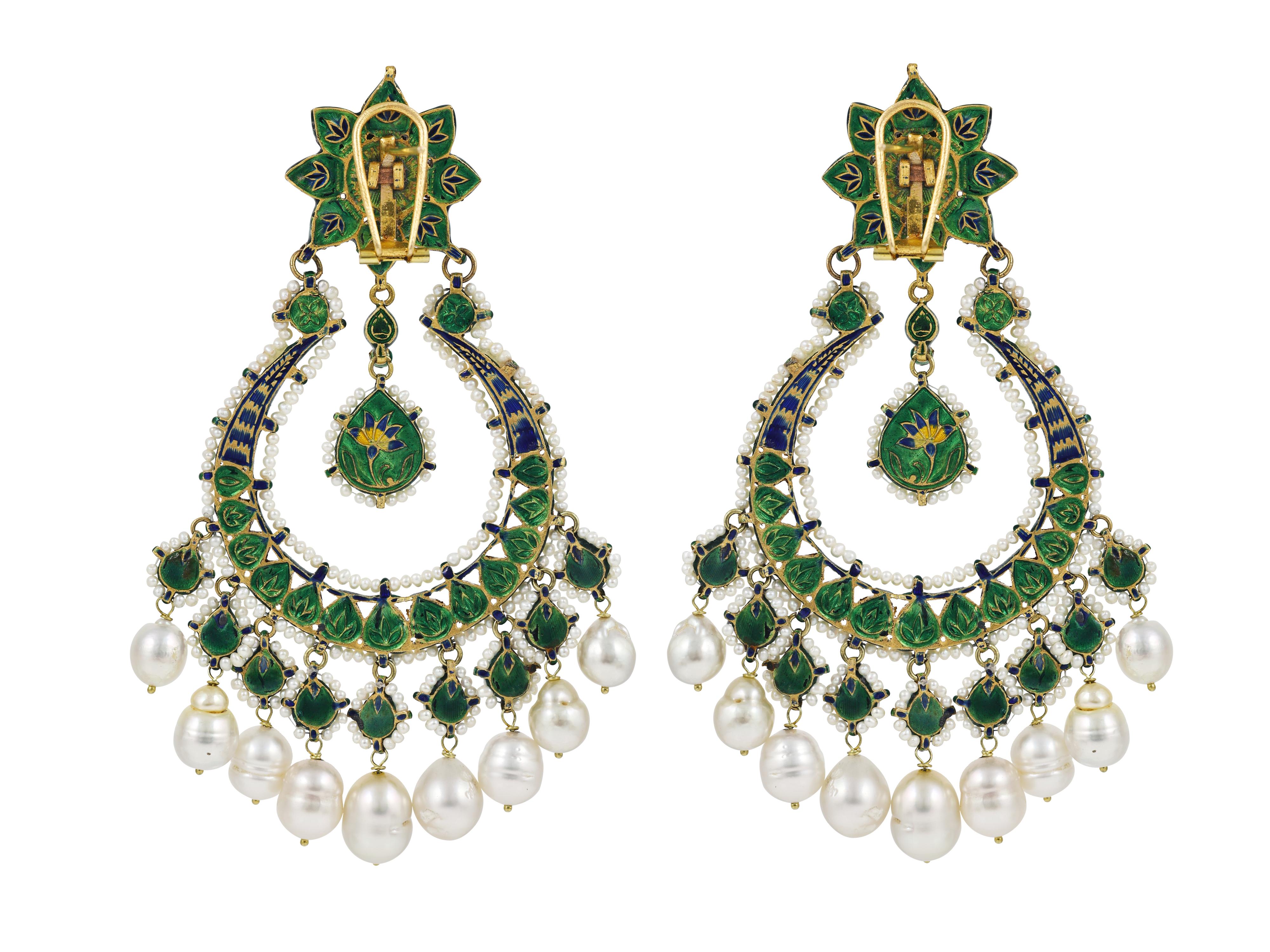 22K gold Indian Mughal Chandbali in Kundan Meena Diamond Polki and pearls For Sale 2