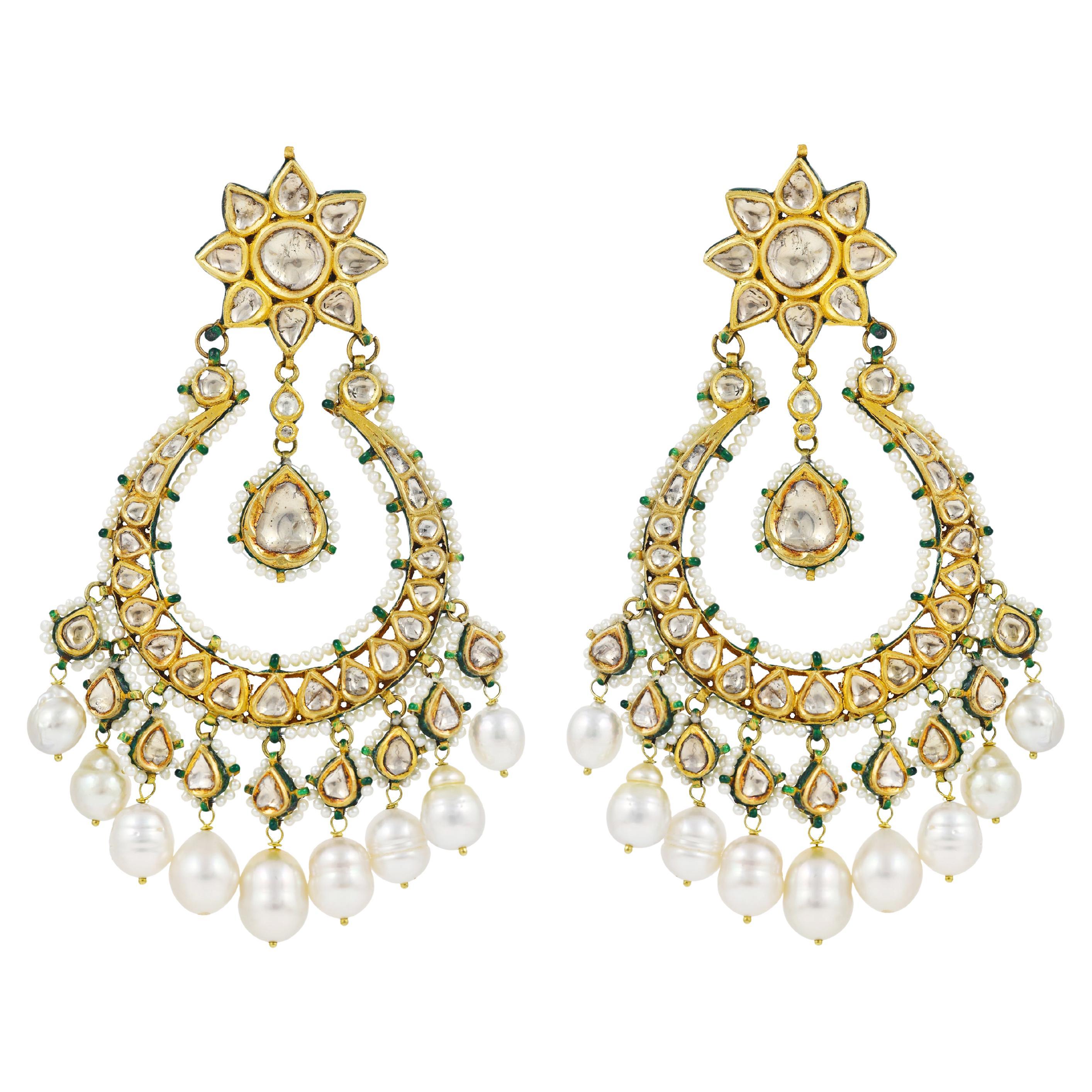 22K gold Indian Mughal Chandbali in Kundan Meena Diamond Polki and pearls For Sale