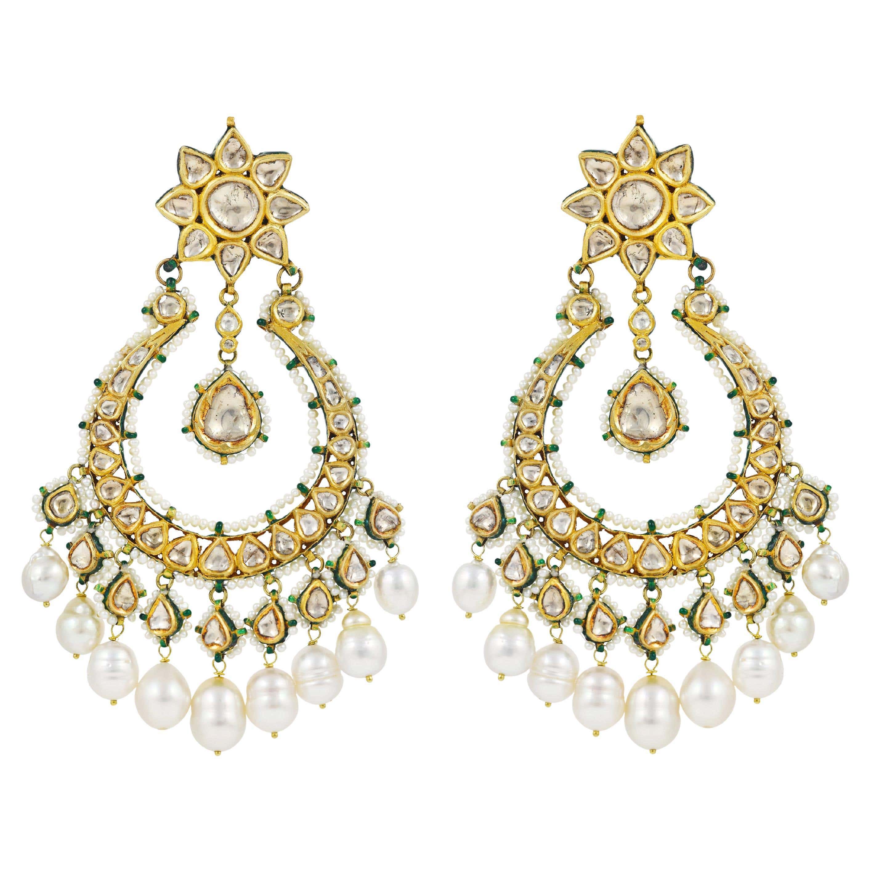 Touchstone Orecchini Lunghi A Lampadario Indiani Bollywood – Chandbali Moon Kundan Con Perle Finte E Zaffiro Rosa, 2 Pollici, Oro