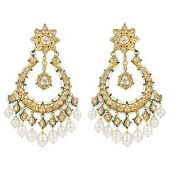 22K gold Indian Mughal Chandbali in Kundan Meena Diamond Polki and pearls