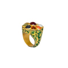 22K Gold Indian Navratan ring enamelled in green and yellow