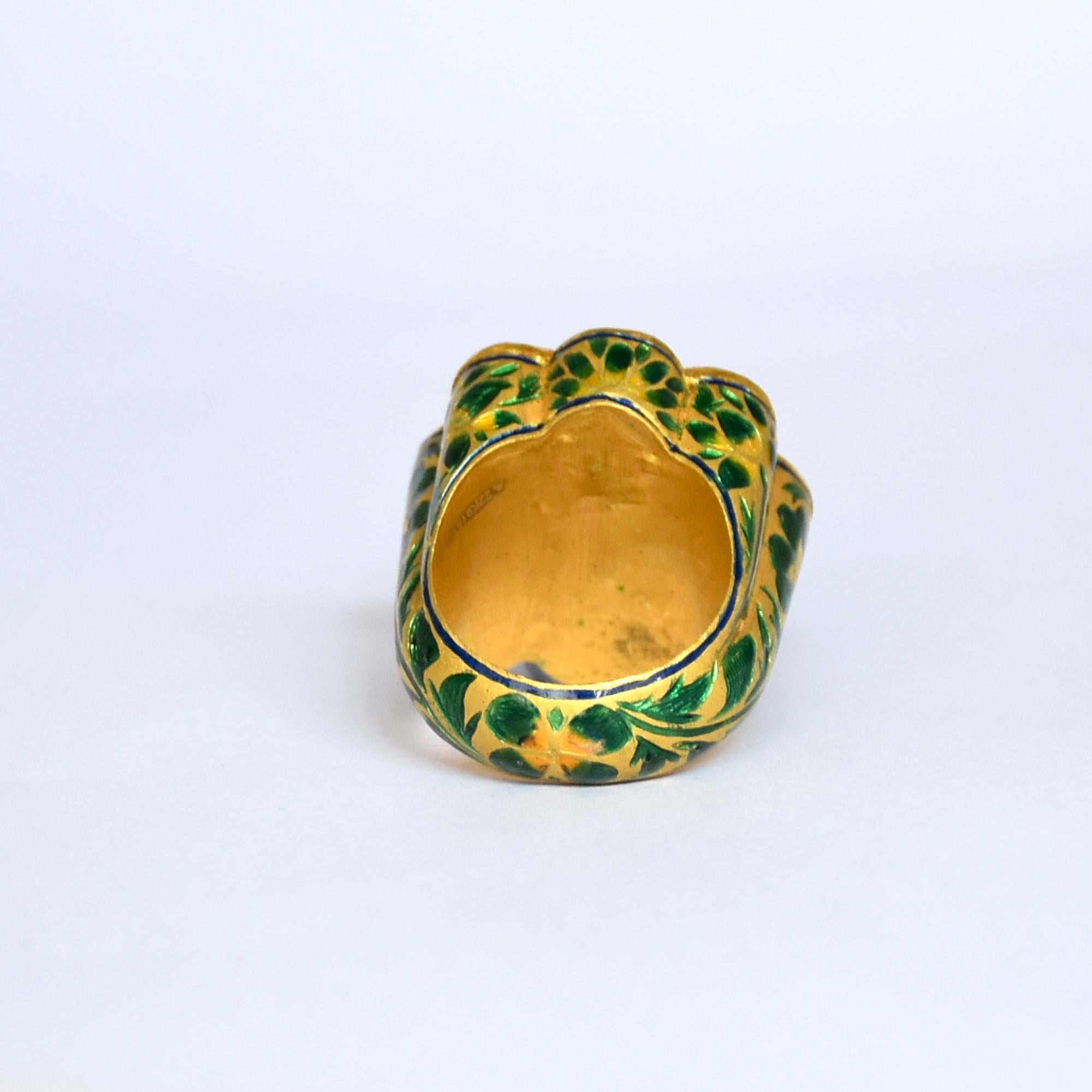 Women's 22K Gold Indian Navratan ring enamelled in green and yellow