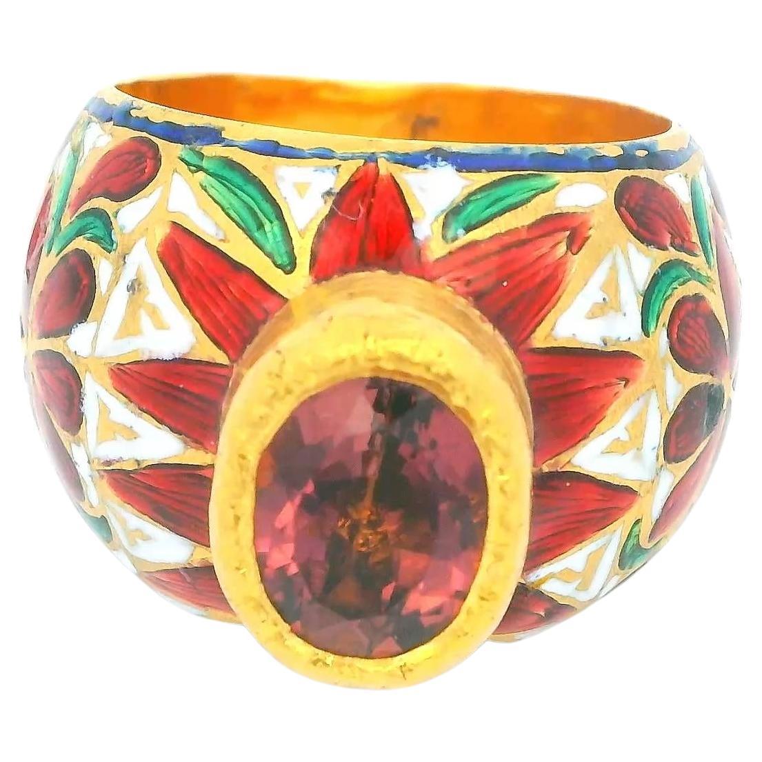 22K Gold Indian Ring W/Tourmaline & Enamel