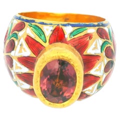 22K Gold Indian Ring W/Tourmaline & Enamel