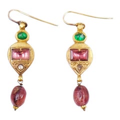 22K Gold Indian Tourmaline Emeralds Diamonds Earrings 1970s