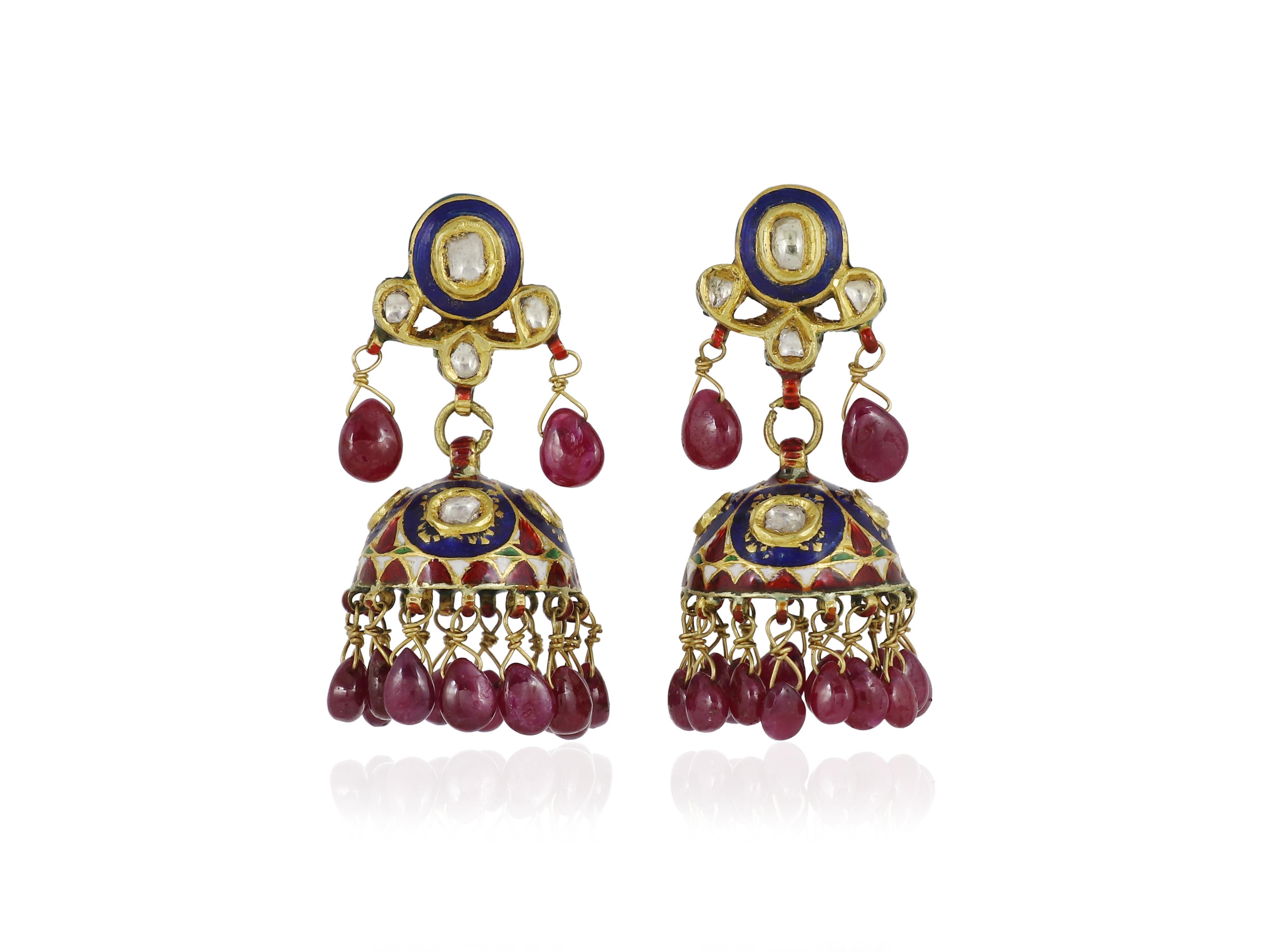 Uncut 22K gold Indian wedding earring with diamond, ruby and enamel Jhumkis For Sale