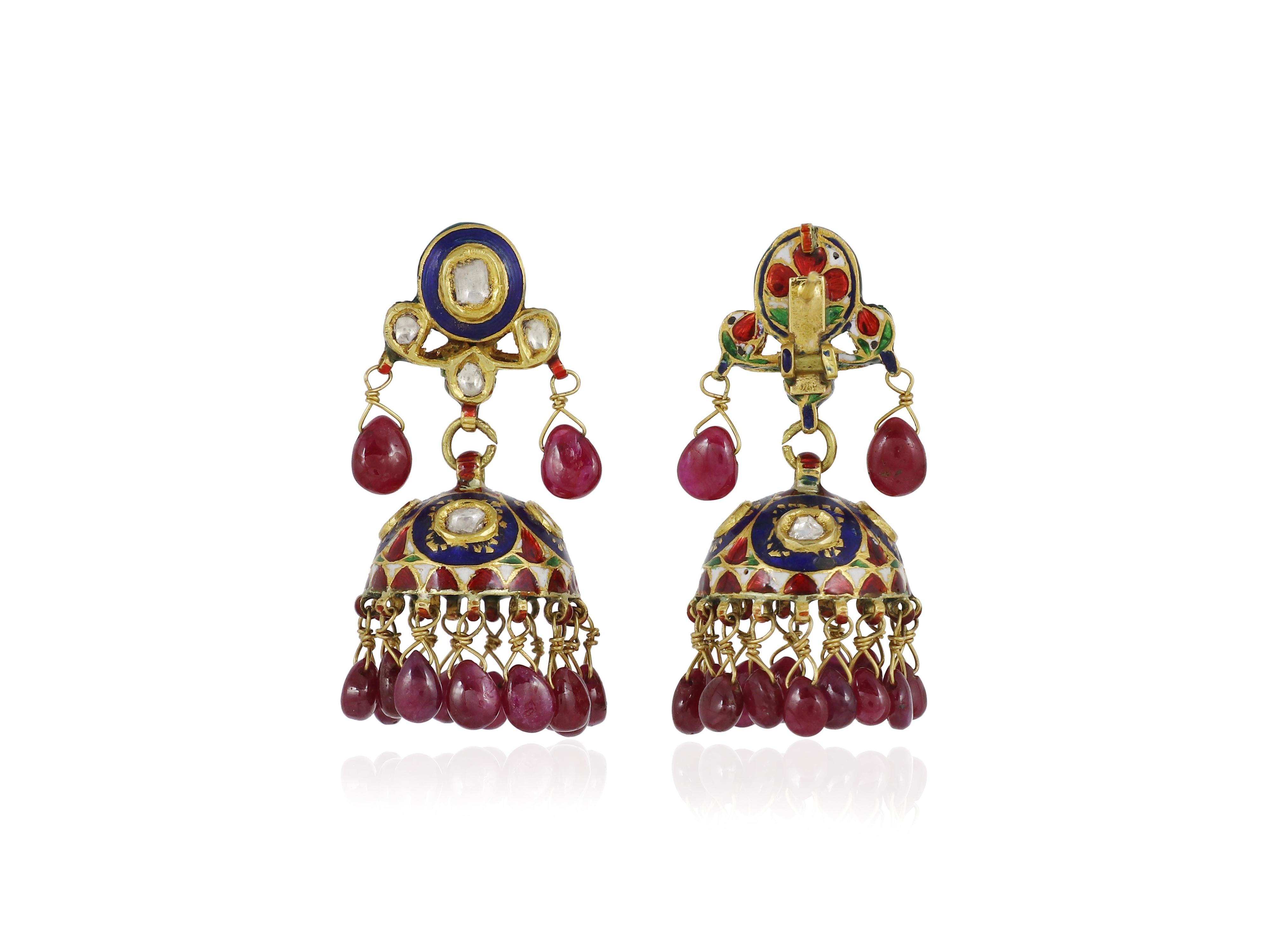 Women's 22K gold Indian wedding earring with diamond, ruby and enamel Jhumkis For Sale