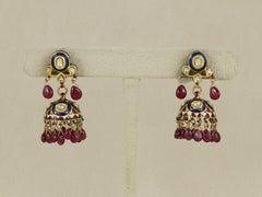 22K gold Indian wedding earring with diamond, ruby and enamel Jhumkis