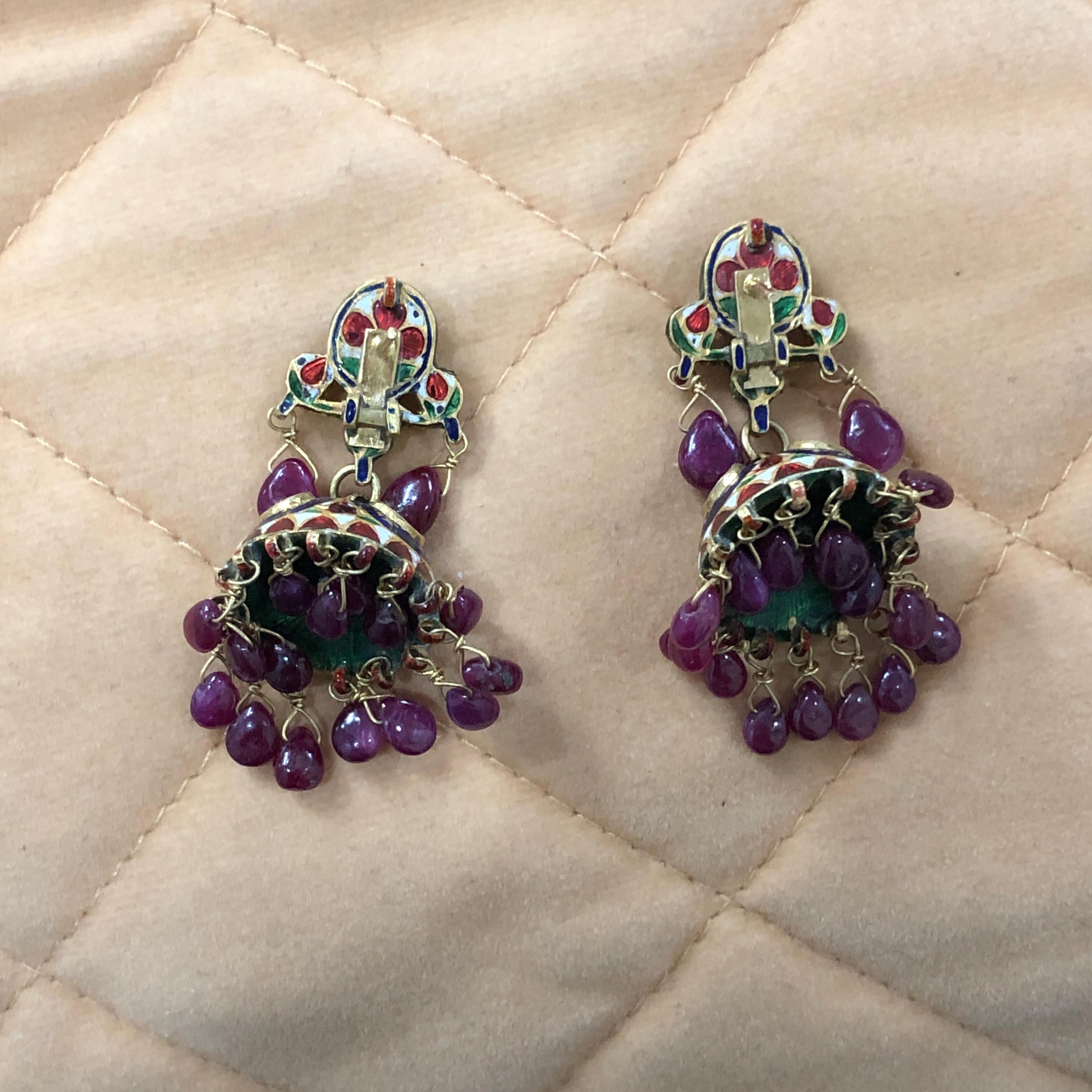 22K gold Indian wedding earring with diamond, ruby and enamel Jhumkis For Sale 1