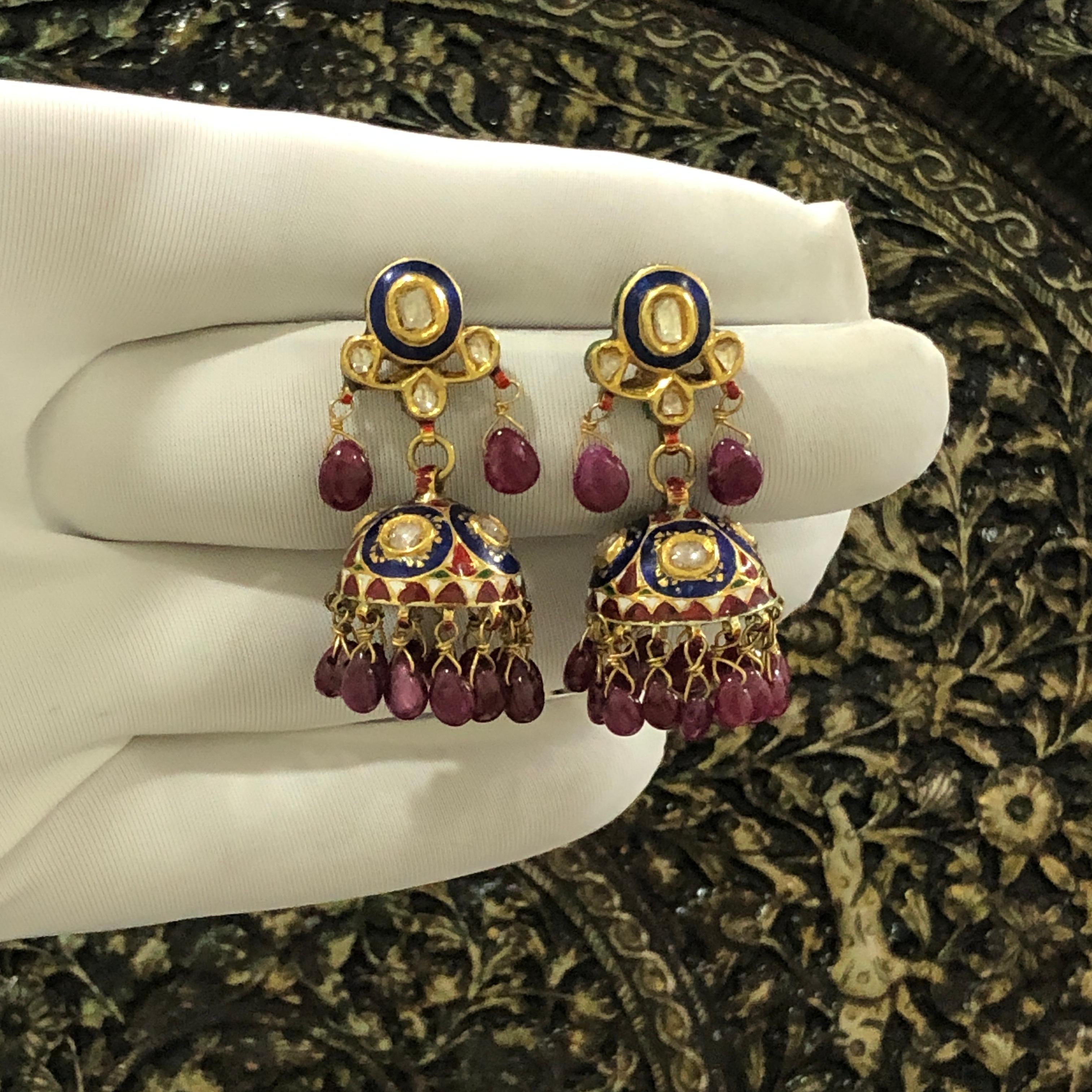 22K gold Indian wedding earring with diamond, ruby and enamel Jhumkis For Sale 2
