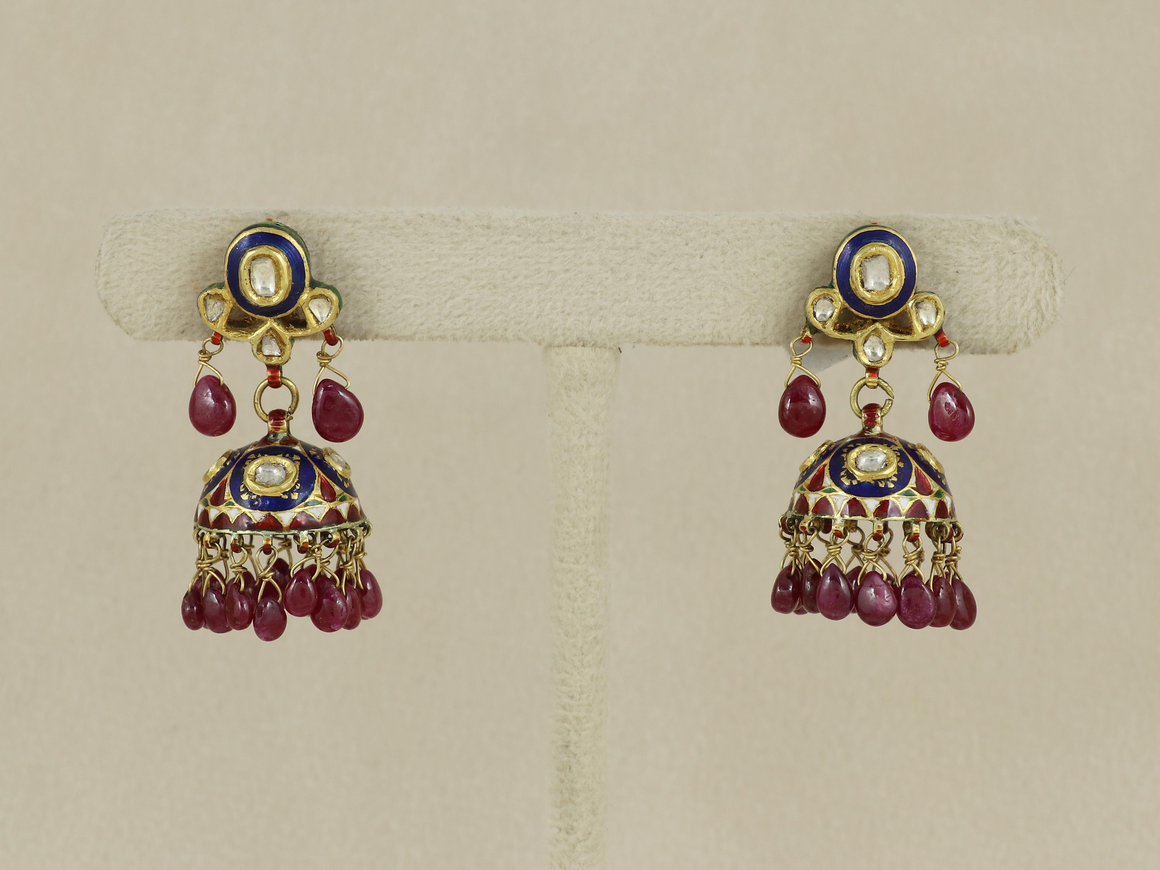 22K gold Indian wedding earring with diamond, ruby and enamel Jhumkis For Sale 3