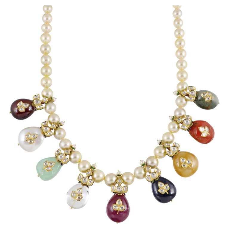 Collier de mariage indien navratna en or 22 carats avec polkis et