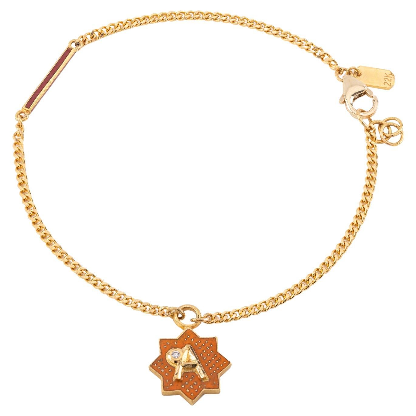 22K Gold Initial 'A' Orange Floral Enamel Star Charm Bracelet Handmade by Agaro For Sale