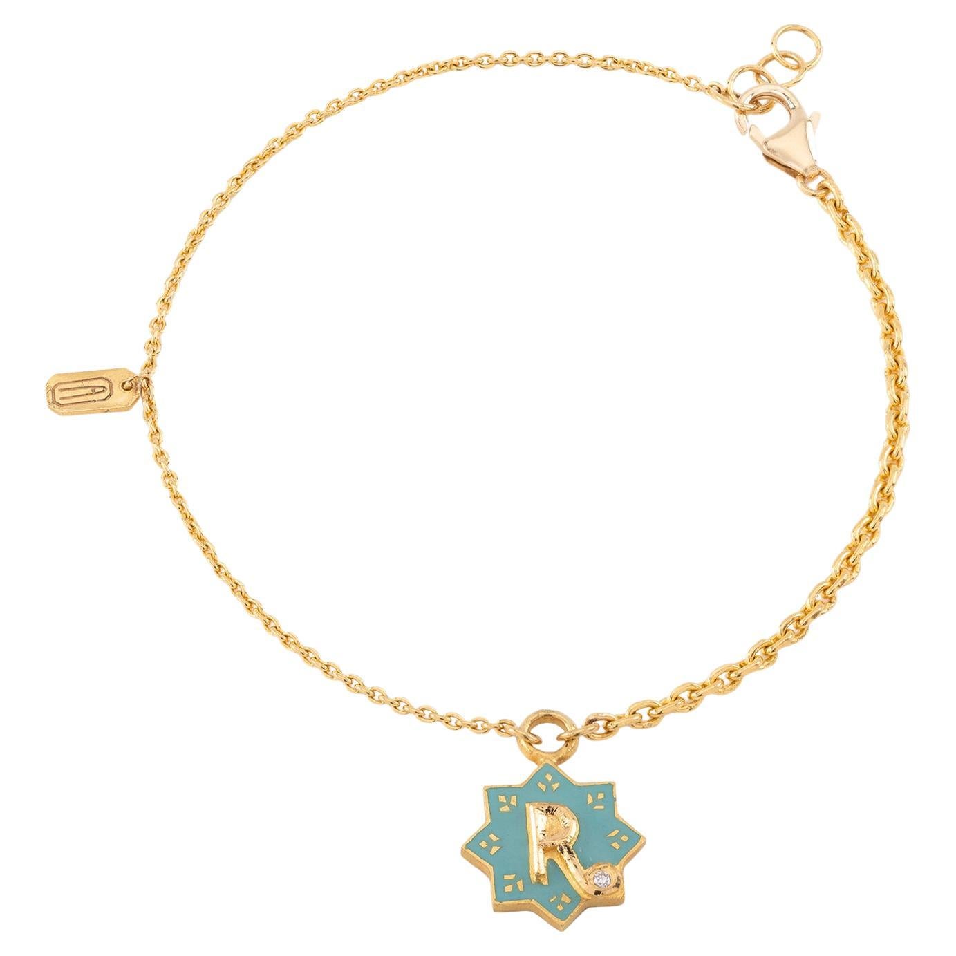 22K Gold Initial 'R' Floral Enamel Star Charm Bracelet Handmade by Agaro For Sale