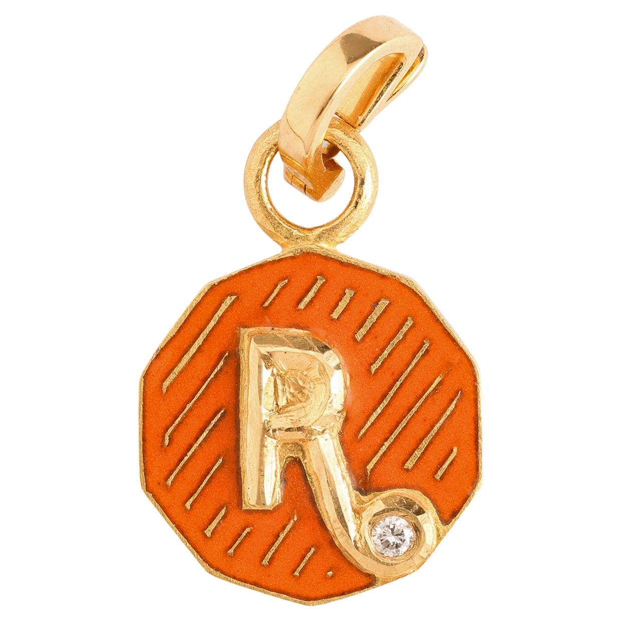 Artisan 22K Gold Initial 'R' Orange Floral Enamel Reversible Charm Handmade by Agaro For Sale