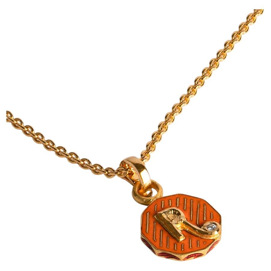 Round Cut 22K Gold Initial 'R' Orange Floral Enamel Reversible Charm Handmade by Agaro For Sale