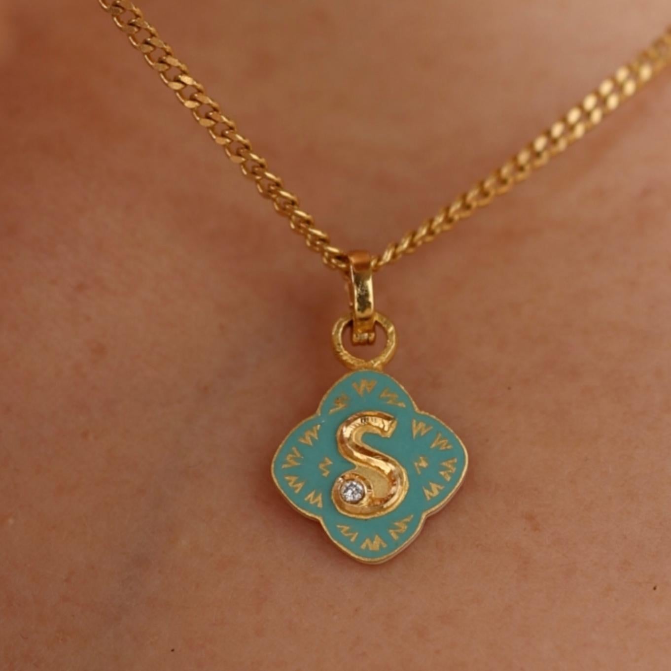 22K Gold Initial 'S' Turquoise Floral Enamel Reversible Charm Handmade by Agaro For Sale 2