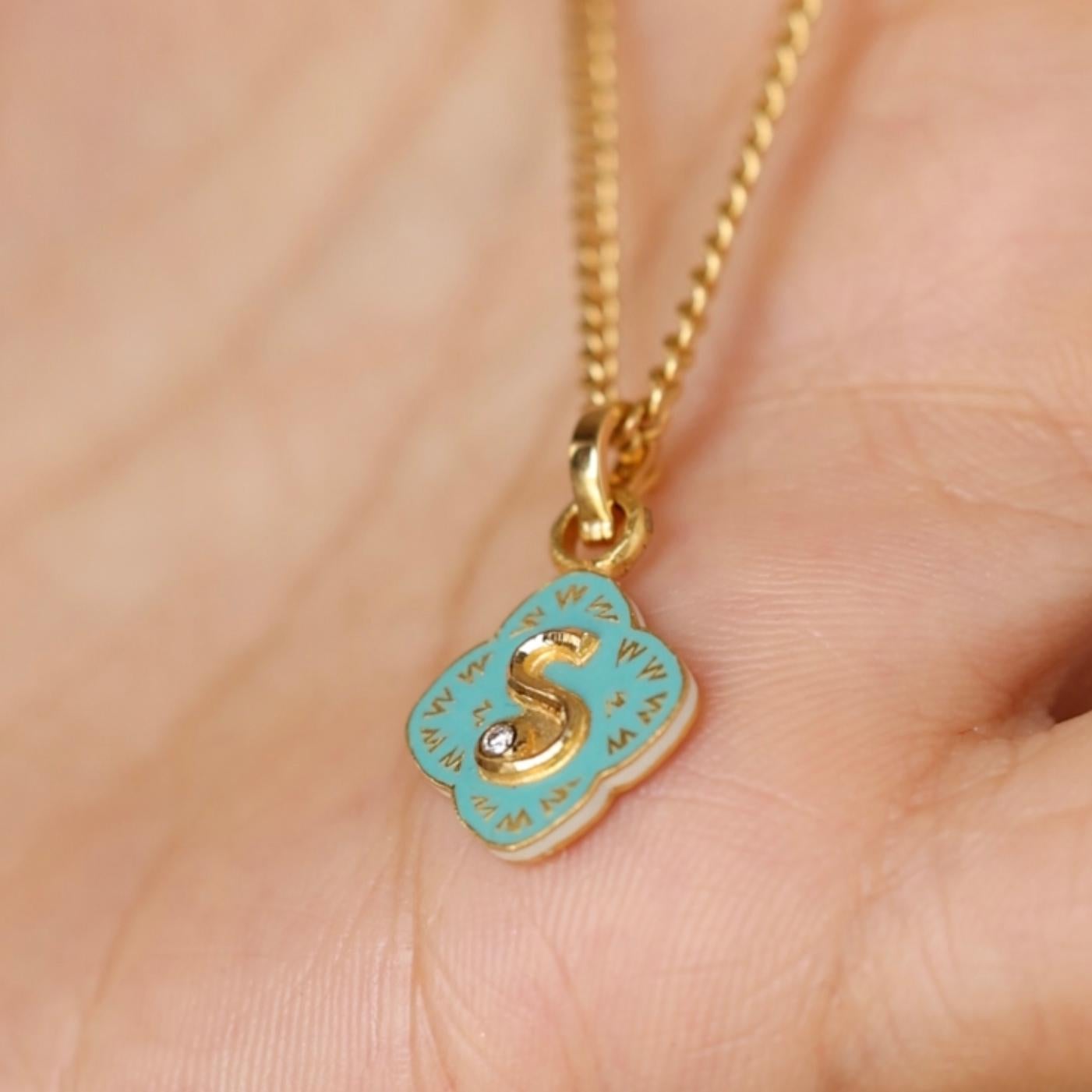 Brilliant Cut 22K Gold Initial 'S' Turquoise Floral Enamel Reversible Charm Handmade by Agaro For Sale