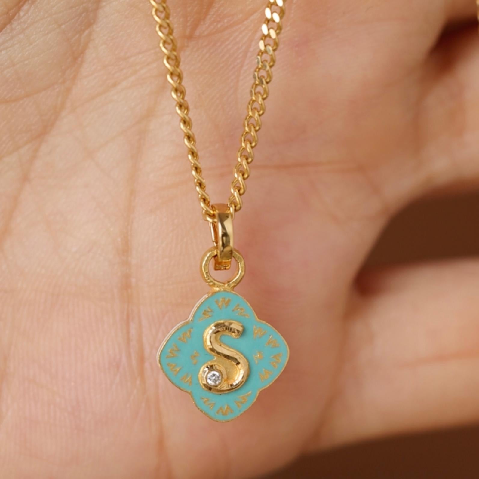 22K Gold Initial 'S' Turquoise Floral Enamel Reversible Charm Handmade by Agaro In New Condition For Sale In New York, NY